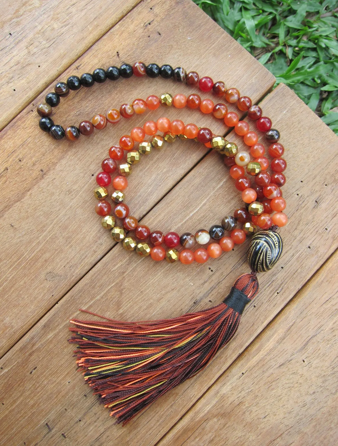 108 Beads in Bright Red Orange Cats Eye, Red Orange Carnelian Tassel Necklace