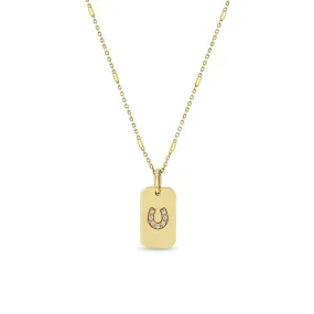 14k Pavé Diamond Horseshoe Small Square Edge Dog Tag Necklace