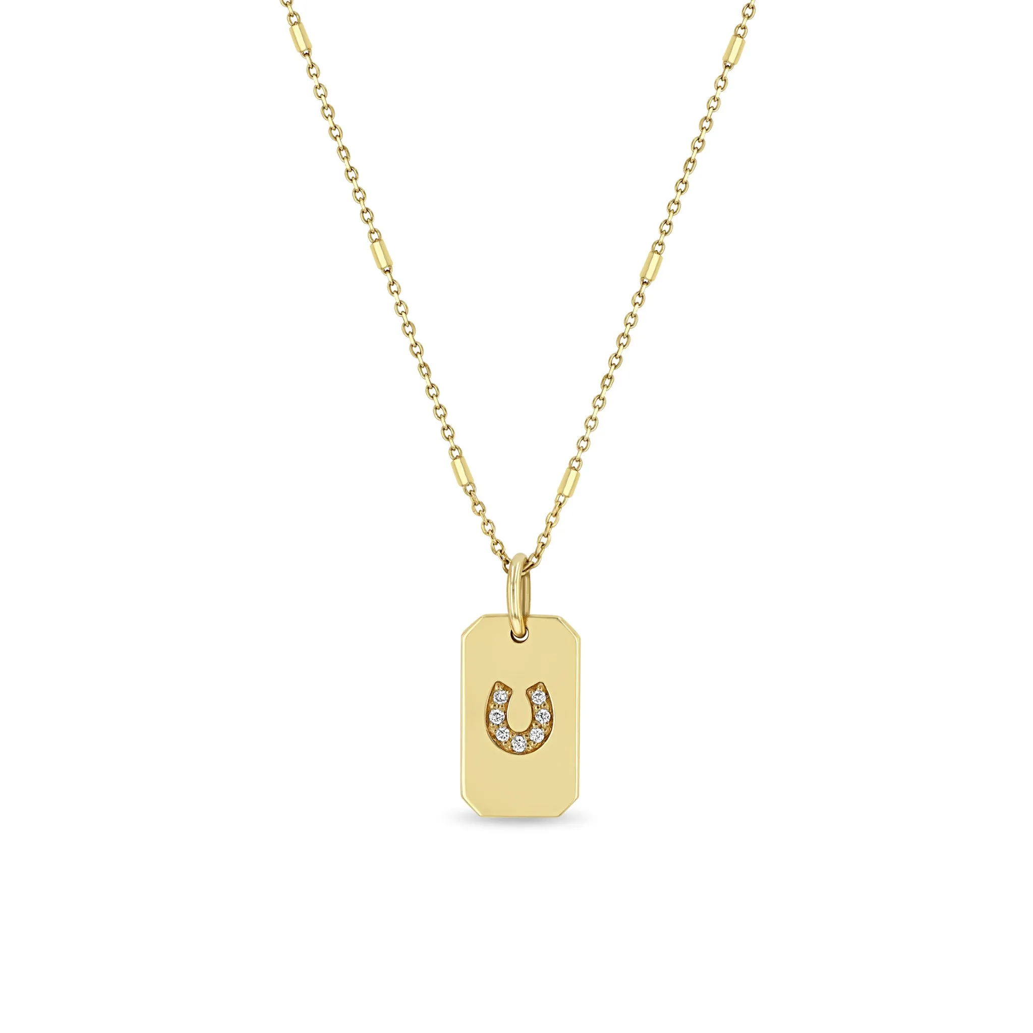 14k Pavé Diamond Horseshoe Small Square Edge Dog Tag Necklace