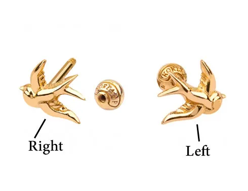 14K Solid Gold Cartilage Minimalist Cute Lucky Humming Bird Barbell Stud Post Earring Piercing