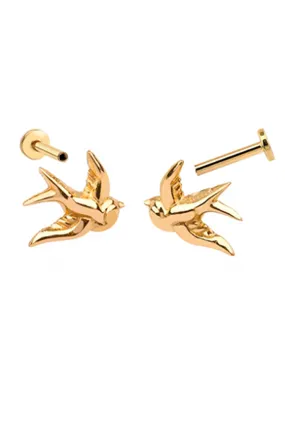 14K Solid Gold Cartilage Minimalist Cute Lucky Humming Bird Internally Internal Threaded Earring Labret