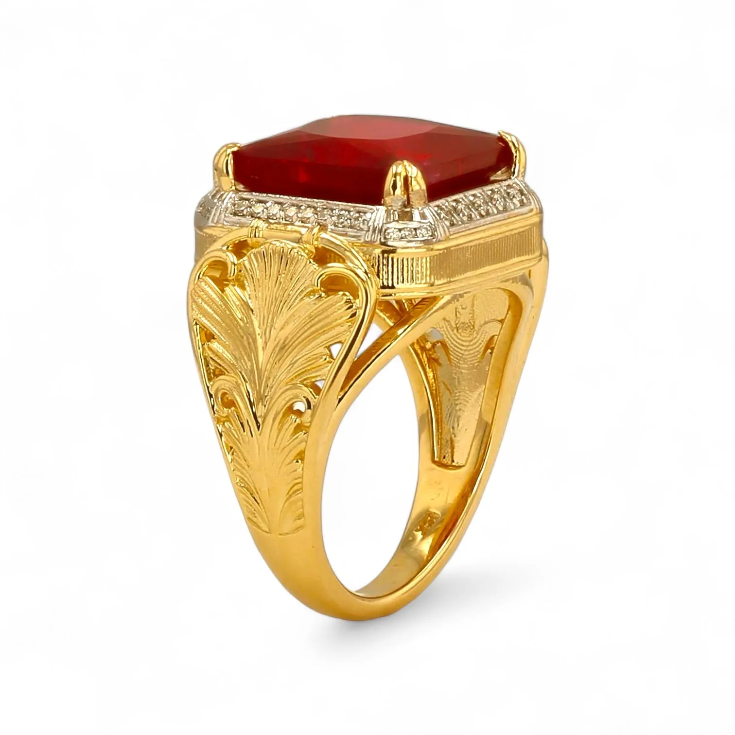 14K Yellow gold solid floral 13*13 Ruby ring-367528