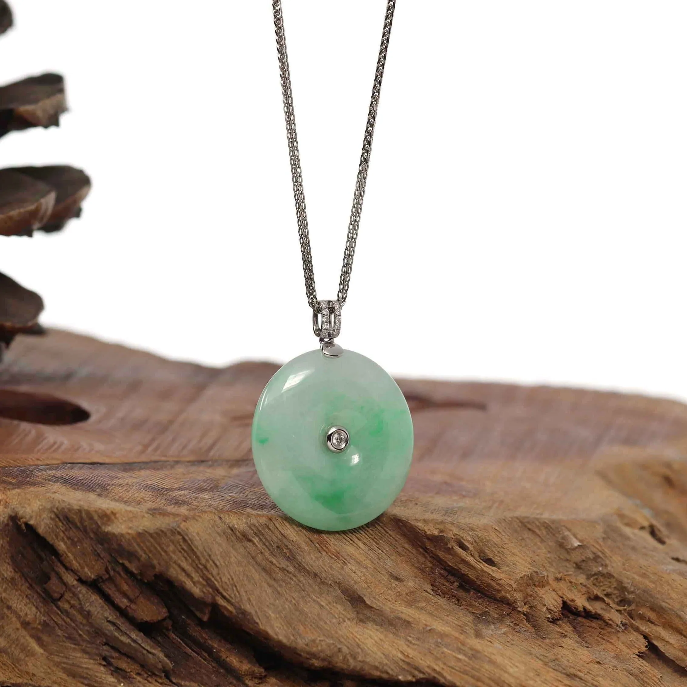 18K White Gold "Good Luck Button" Necklace Ice Green Jadeite Jade Pendant Necklace