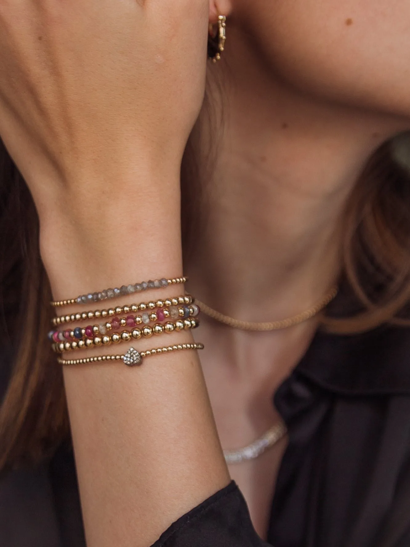 2MM Signature Bracelet with Sterling Silver Oxidized Diamond Heart Bead