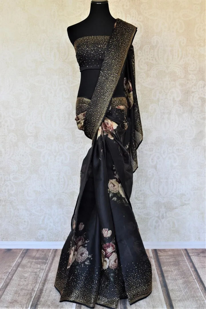 90J369-RO Black Floral Print Silk Sari with Stone Work