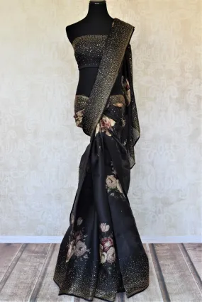 90J369-RO Black Floral Print Silk Sari with Stone Work