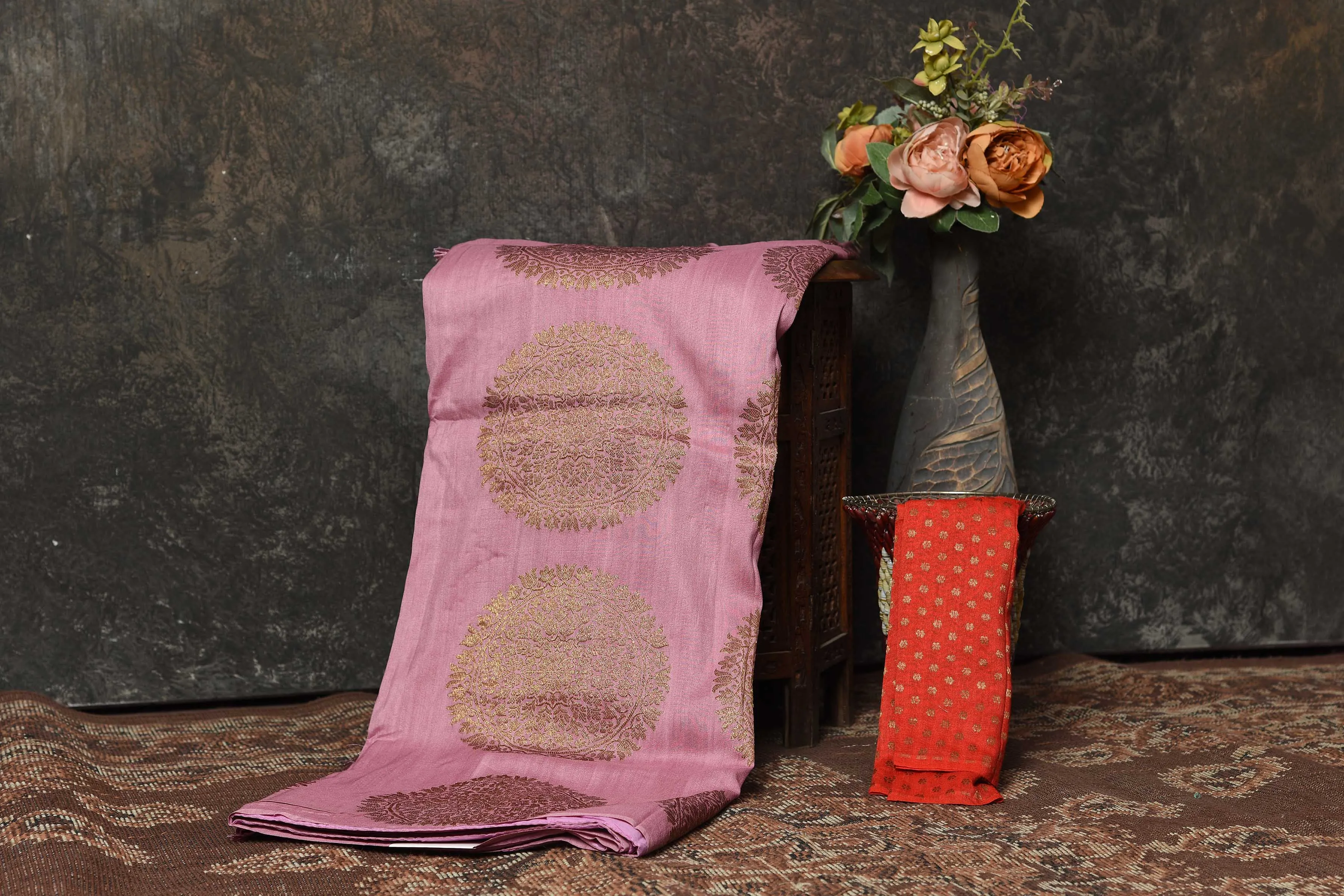 90N480-RO Onion Pink Banarasi Sari with Antique Zari Motifs