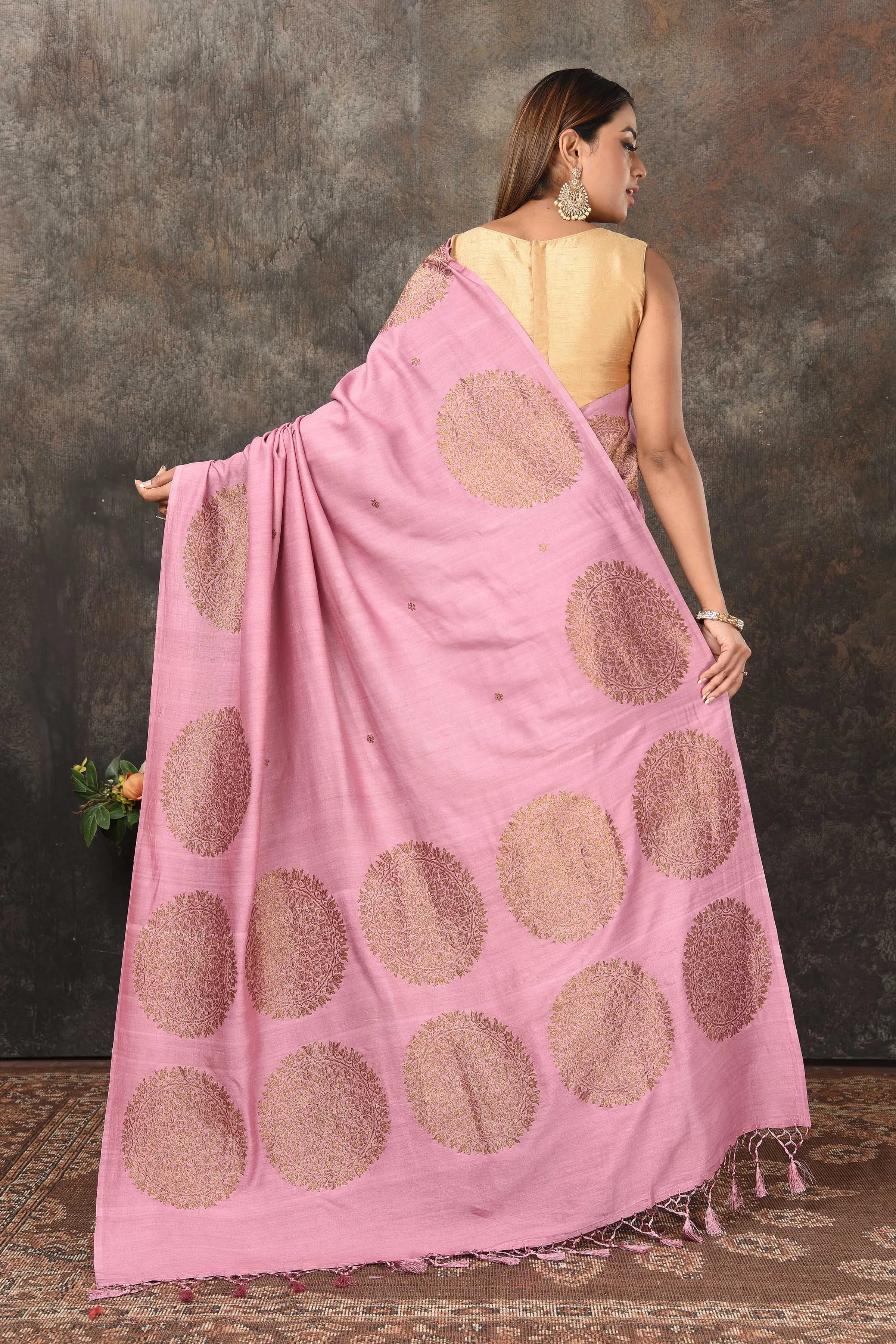 90N480-RO Onion Pink Banarasi Sari with Antique Zari Motifs