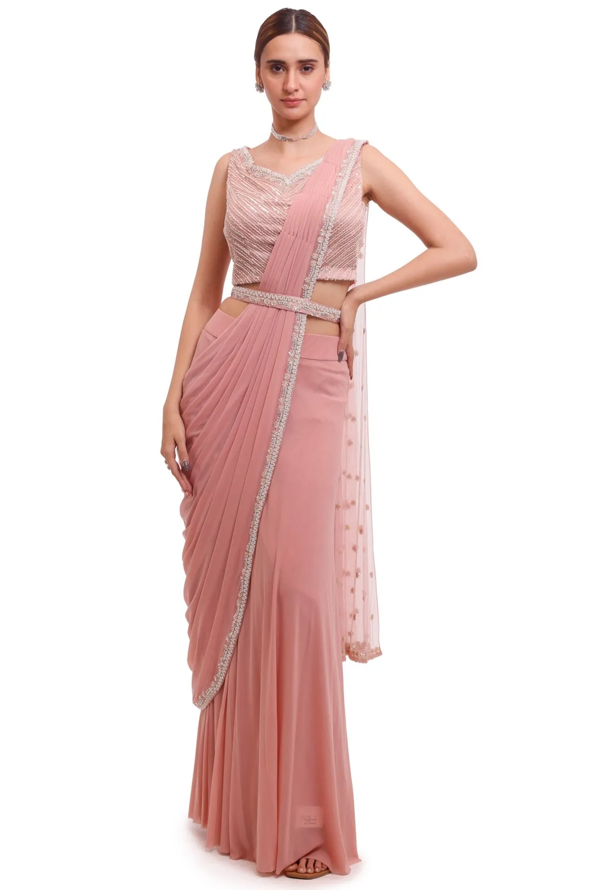 90Y008-RO Light Pink Draped Lycra Saree with Embellished Blouse