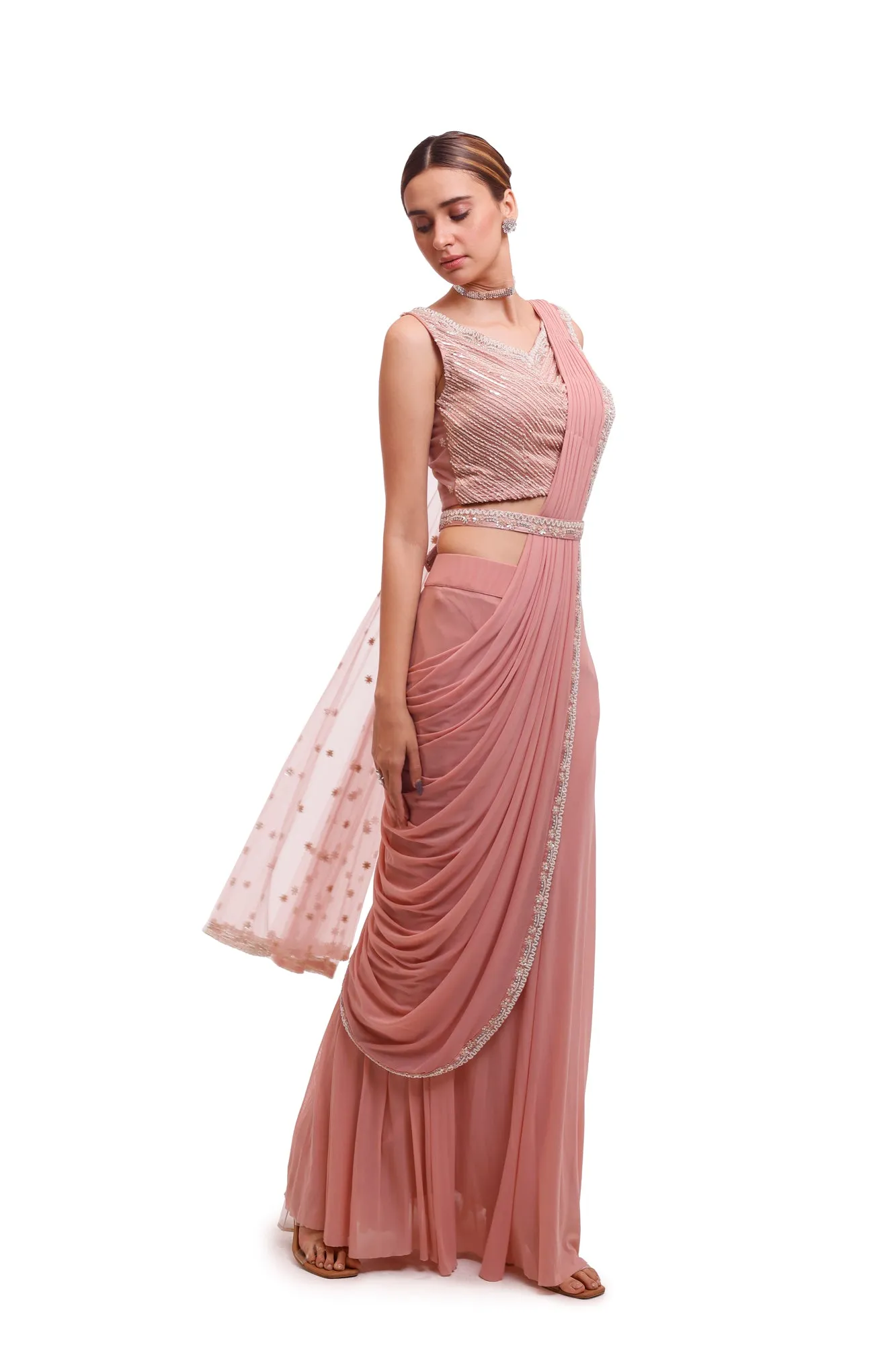 90Y008-RO Light Pink Draped Lycra Saree with Embellished Blouse