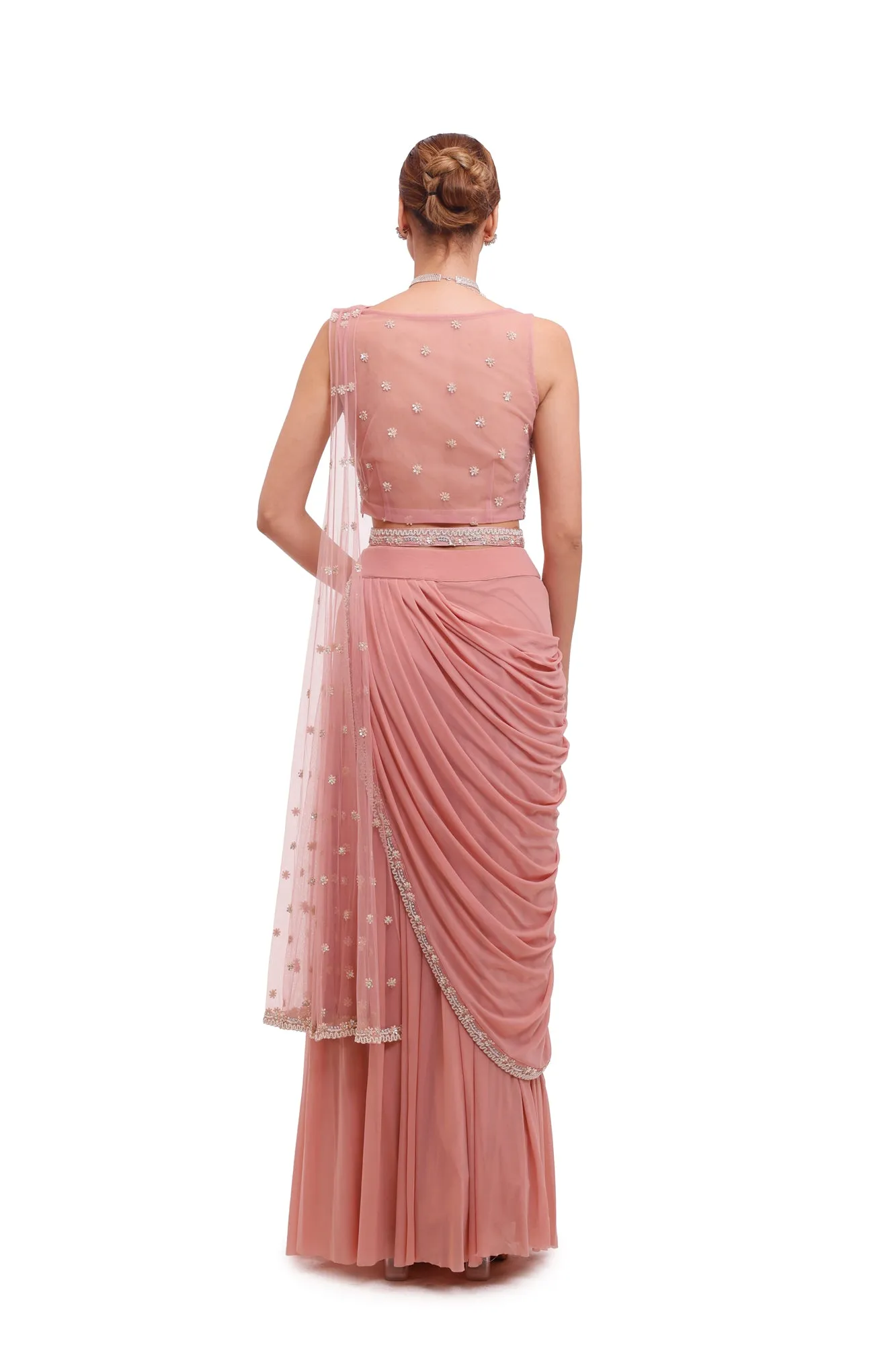 90Y008-RO Light Pink Draped Lycra Saree with Embellished Blouse