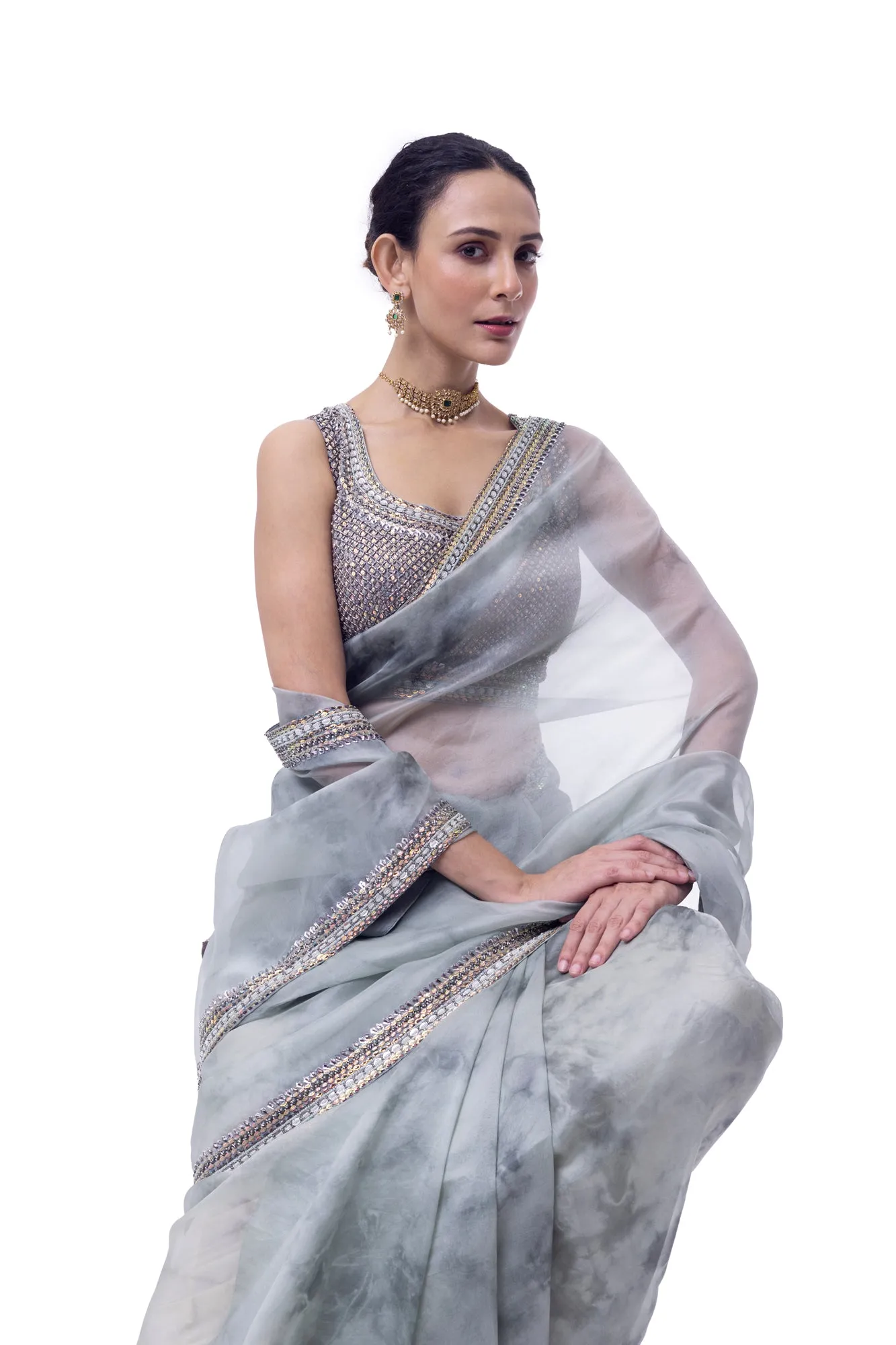 90Y036-RO Dusty Green Embroidered Organza Saree with Blouse