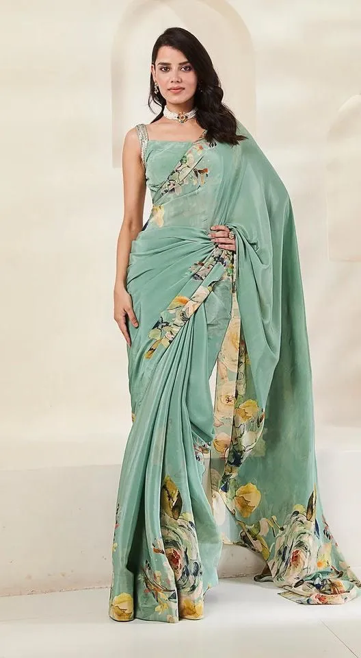 90Z270B-RO Floral Sea Green Crepe Sare