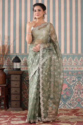 90Z468-NRO Green Embroidered Organza Saree