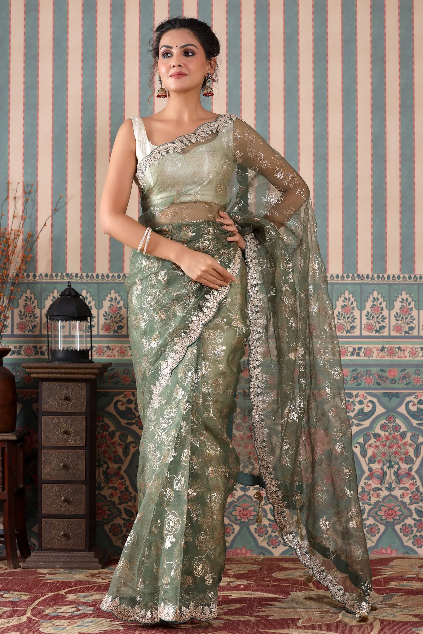 90Z468-NRO Green Embroidered Organza Saree