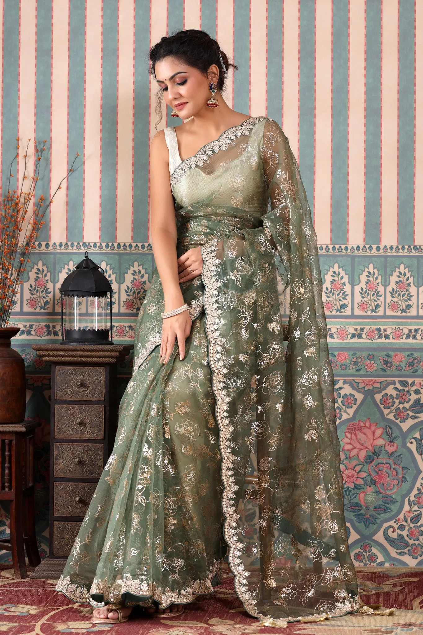 90Z468-NRO Green Embroidered Organza Saree