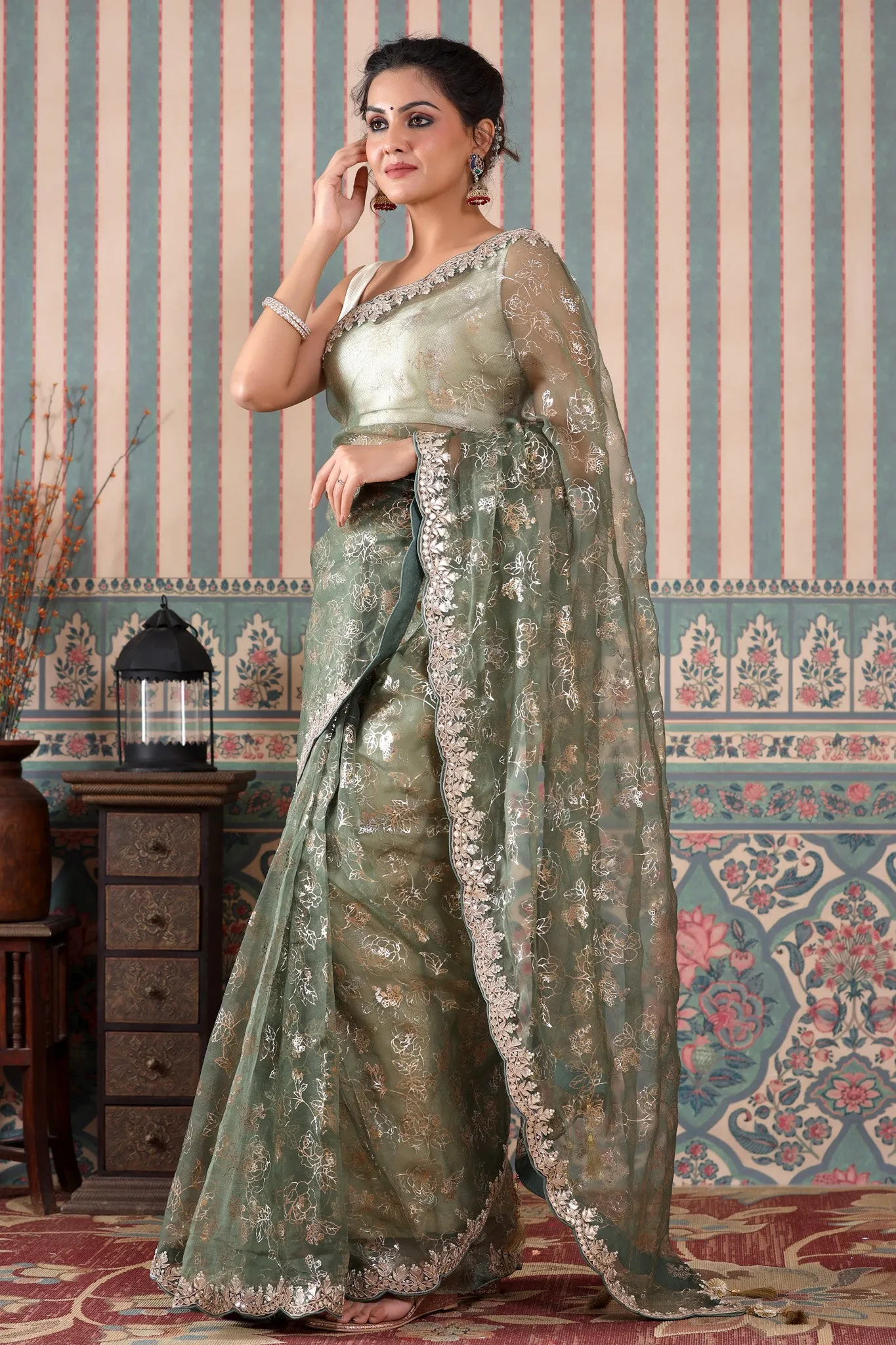 90Z468-NRO Green Embroidered Organza Saree