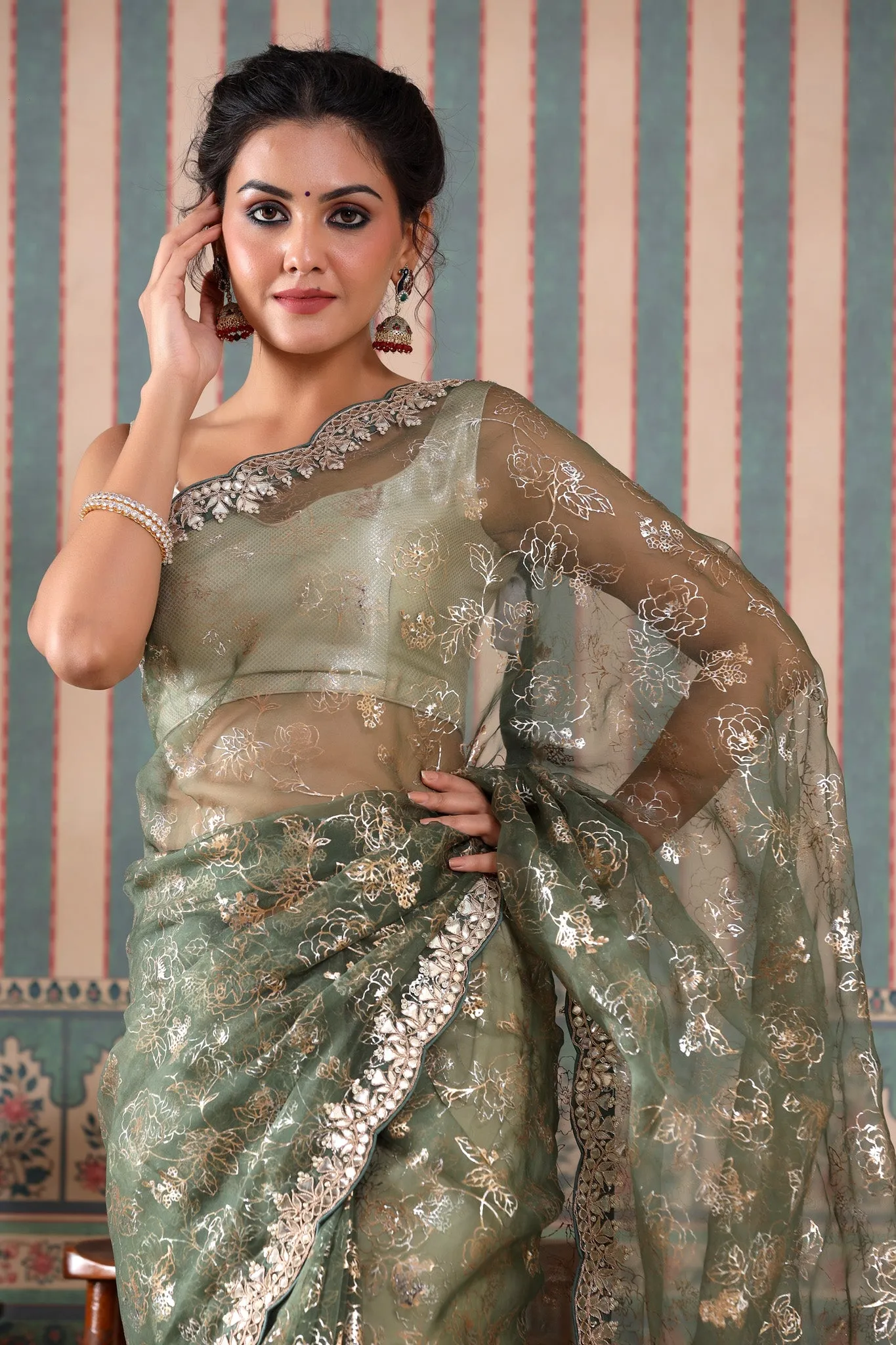 90Z468-NRO Green Embroidered Organza Saree