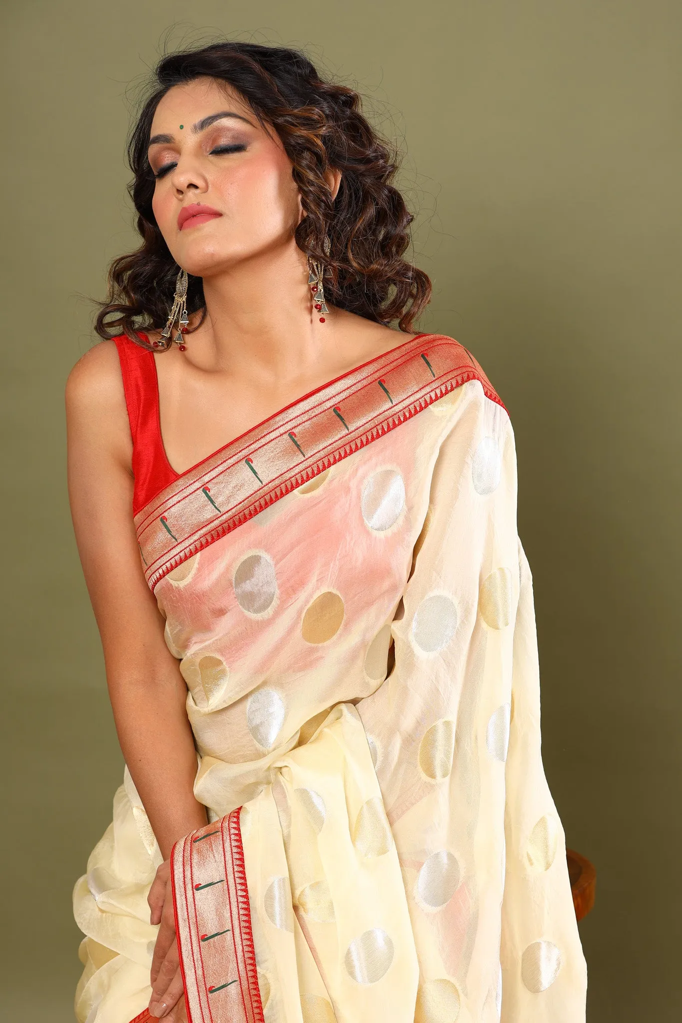 90Z474-NRO Cream Georgette Sari with Paithani Border and Pallu