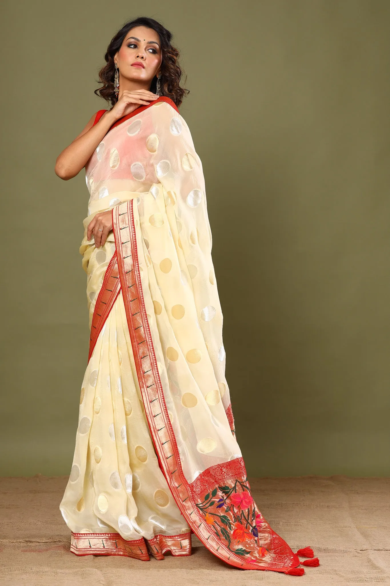 90Z474-NRO Cream Georgette Sari with Paithani Border and Pallu