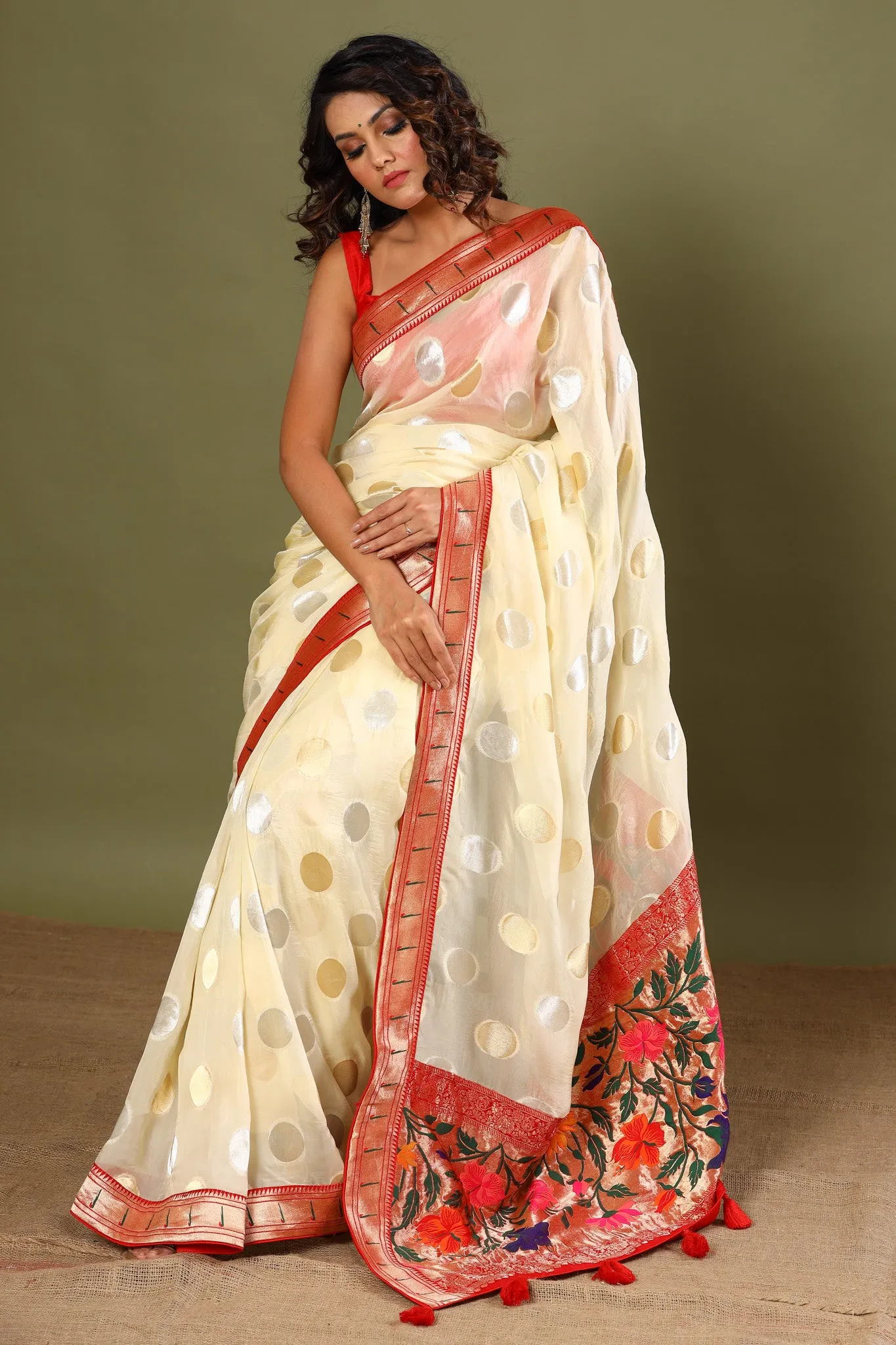 90Z474-NRO Cream Georgette Sari with Paithani Border and Pallu