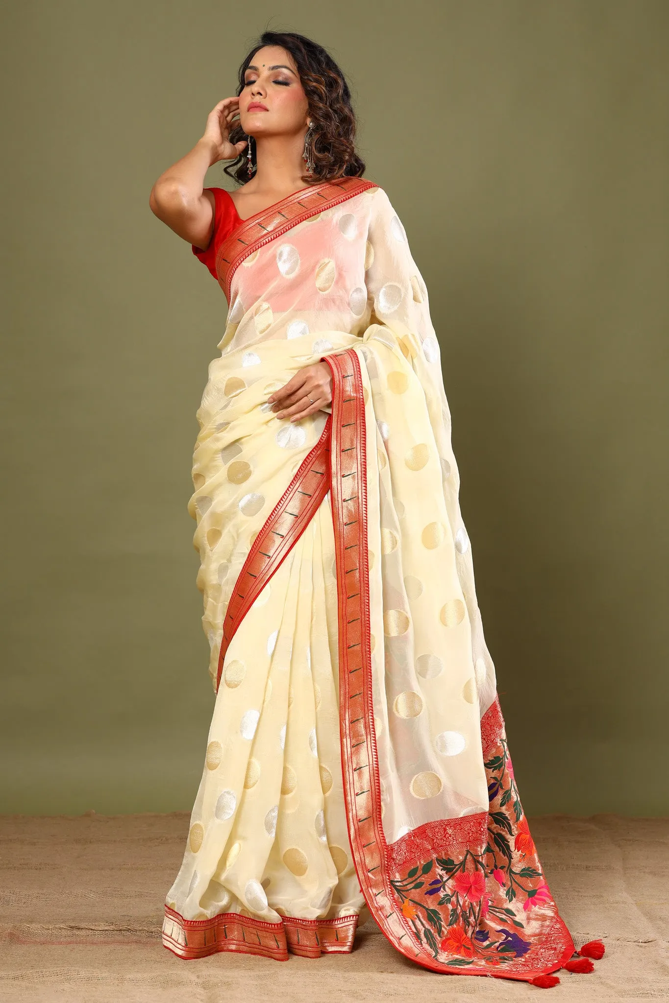 90Z474-NRO Cream Georgette Sari with Paithani Border and Pallu