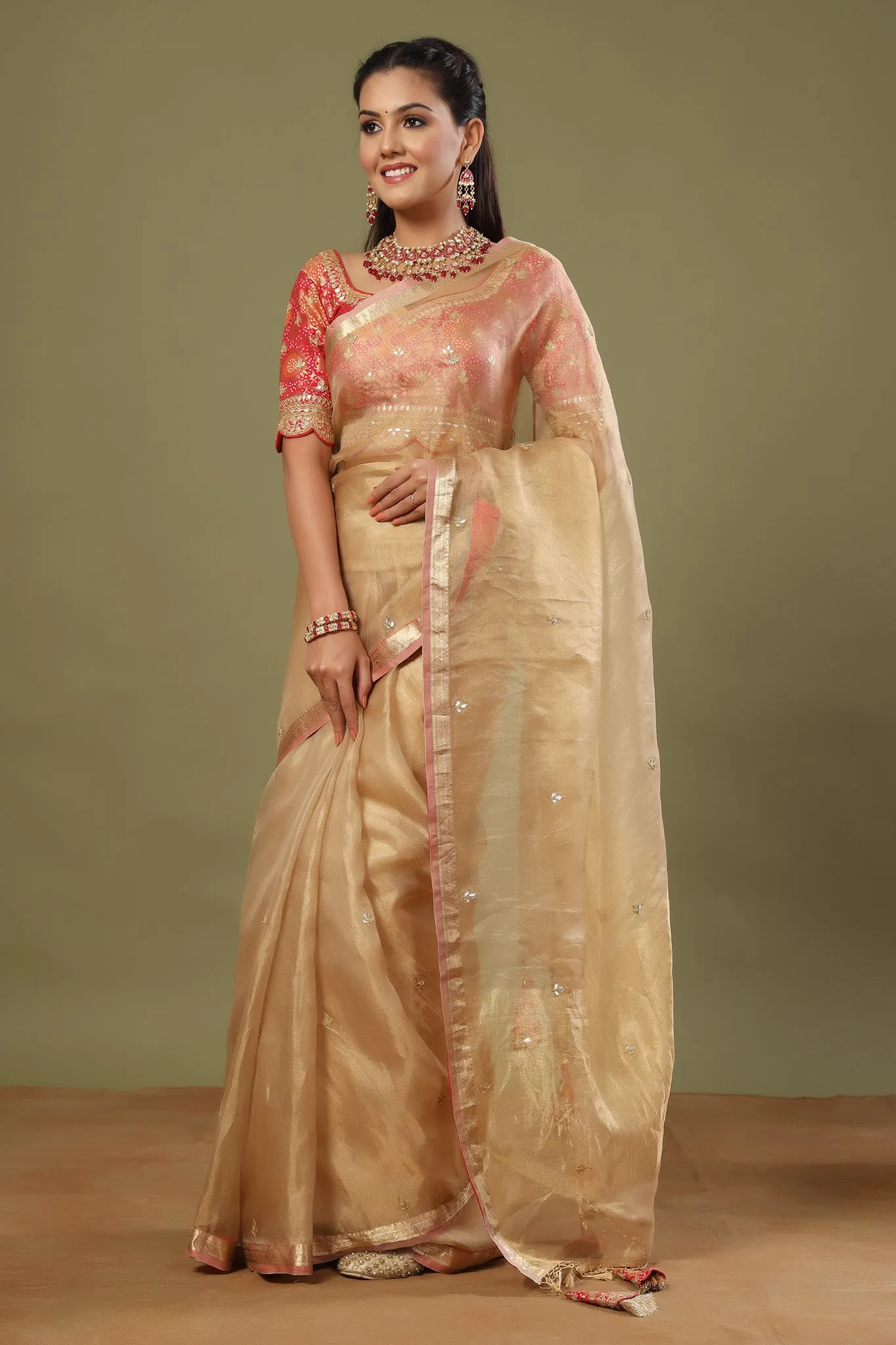 90Z508-NRO Golden Tissue Silk Saree with Pink Embroidered Blouse