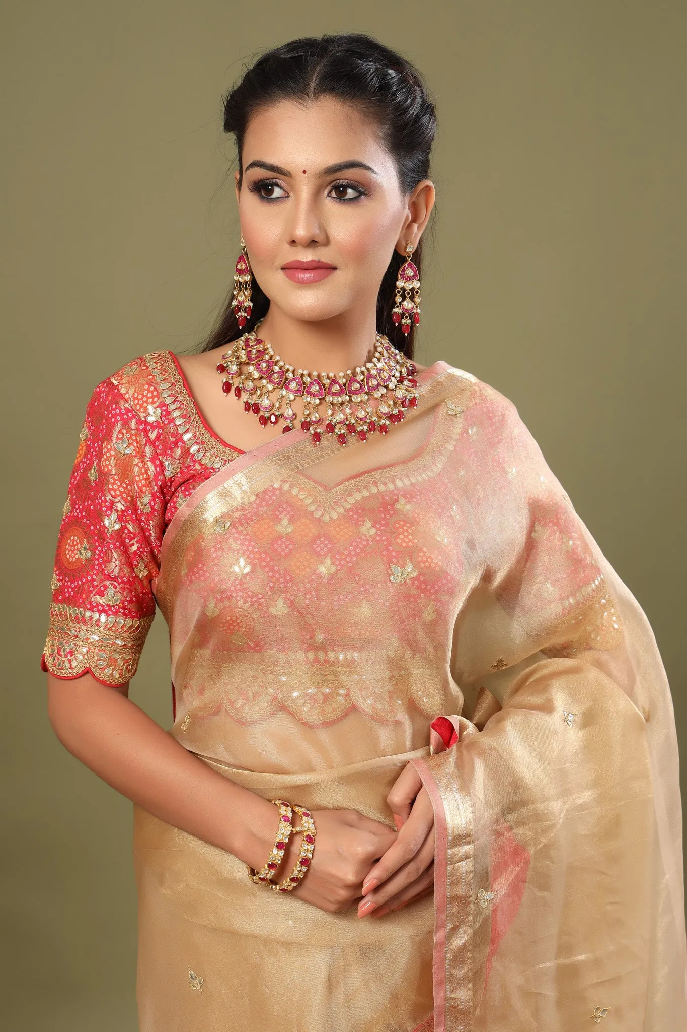 90Z508-NRO Golden Tissue Silk Saree with Pink Embroidered Blouse