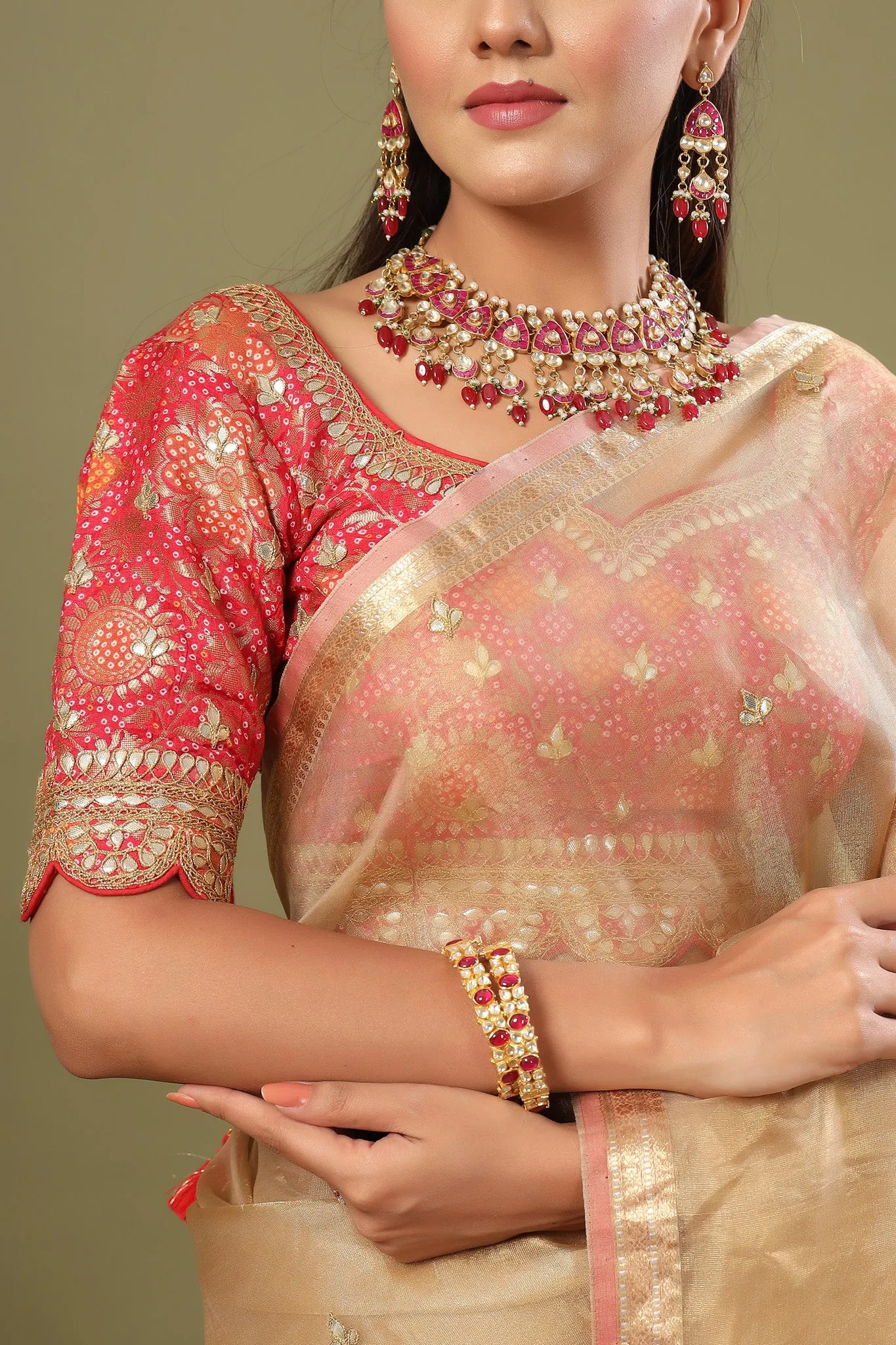 90Z508-NRO Golden Tissue Silk Saree with Pink Embroidered Blouse