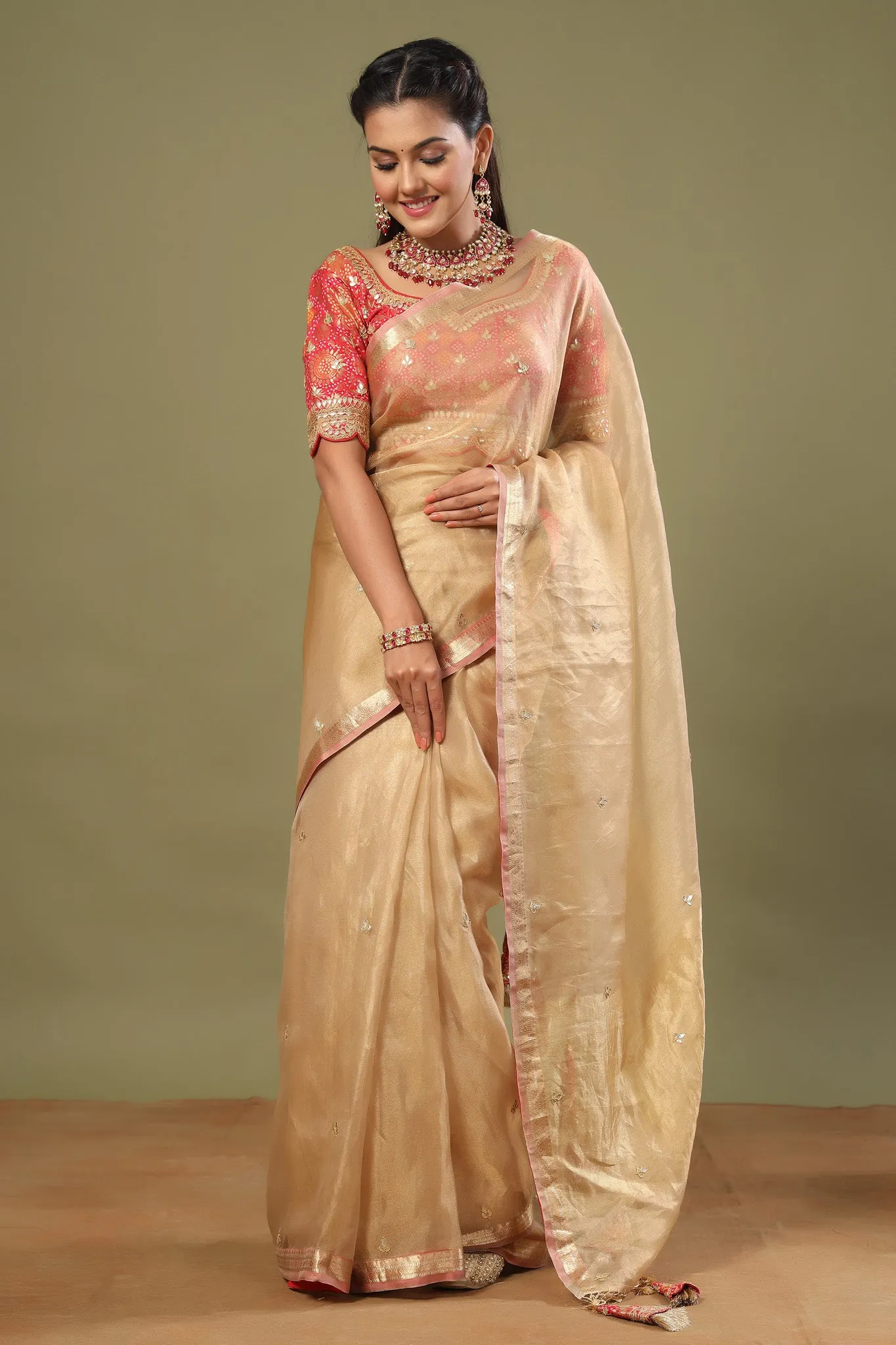 90Z508-NRO Golden Tissue Silk Saree with Pink Embroidered Blouse