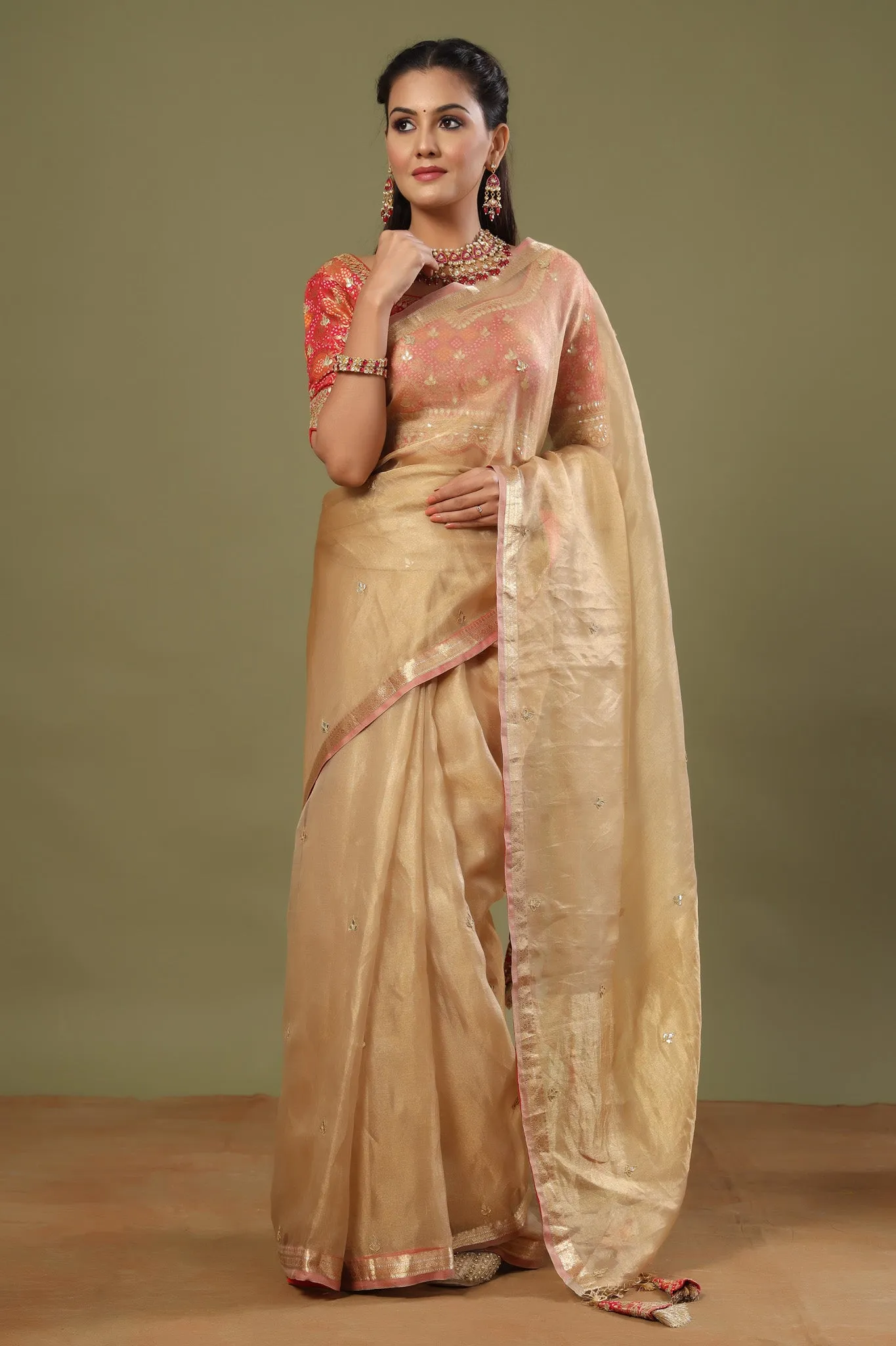 90Z508-NRO Golden Tissue Silk Saree with Pink Embroidered Blouse