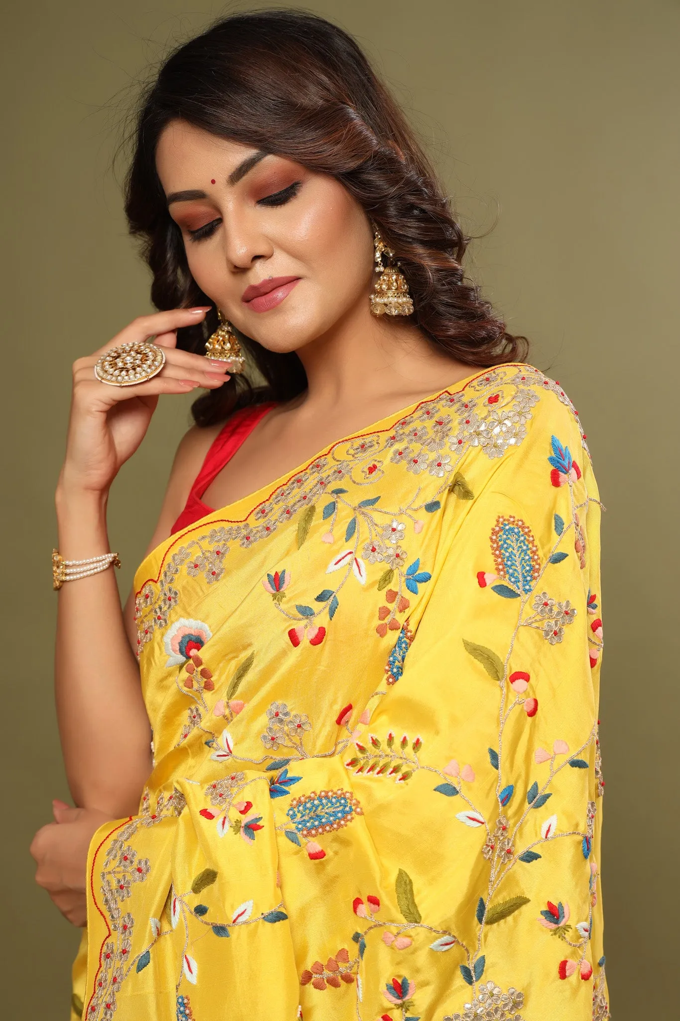 90Z548-RO Yellow Heavy Embroidery Tussar Georgette Saree