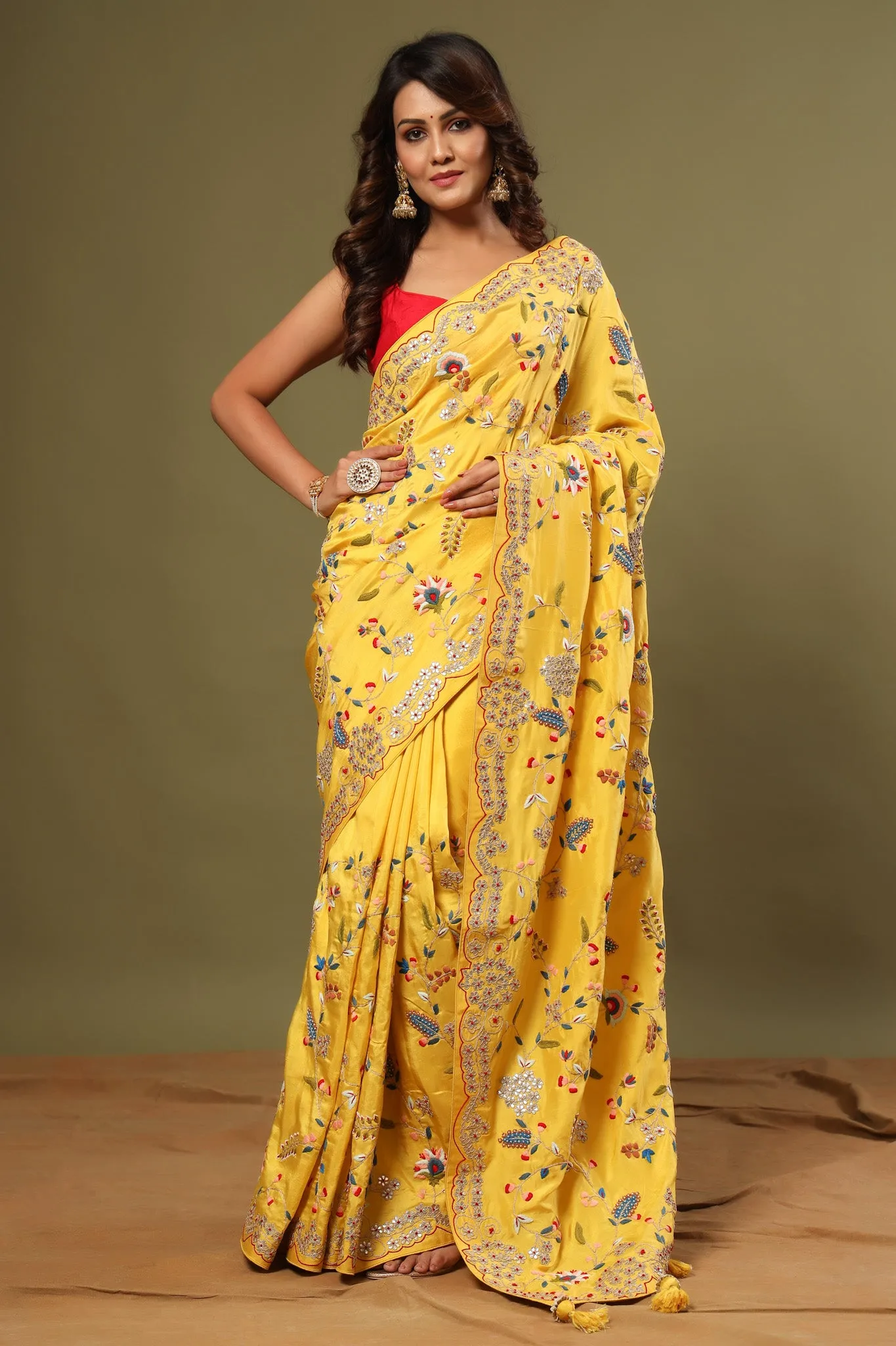 90Z548-RO Yellow Heavy Embroidery Tussar Georgette Saree