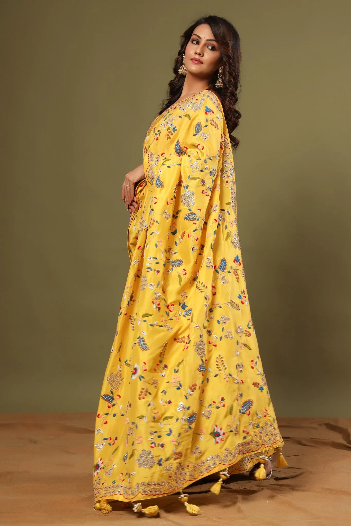 90Z548-RO Yellow Heavy Embroidery Tussar Georgette Saree