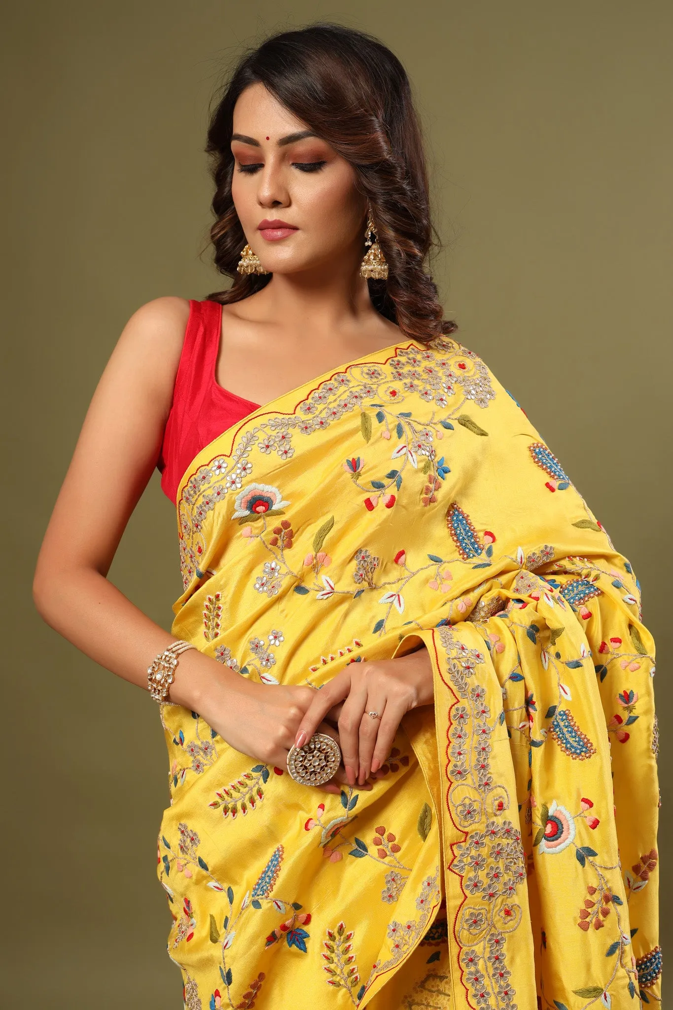 90Z548-RO Yellow Heavy Embroidery Tussar Georgette Saree