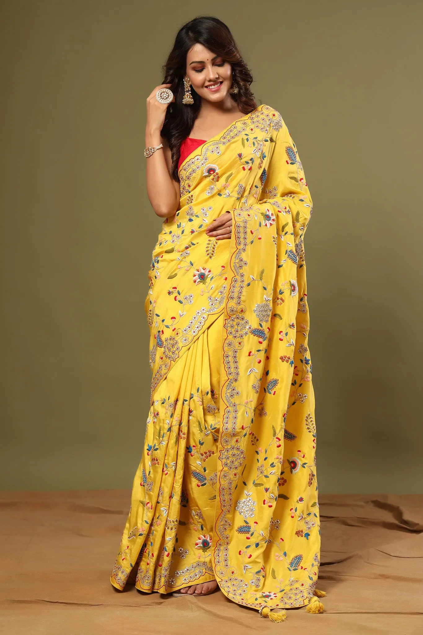 90Z548-RO Yellow Heavy Embroidery Tussar Georgette Saree