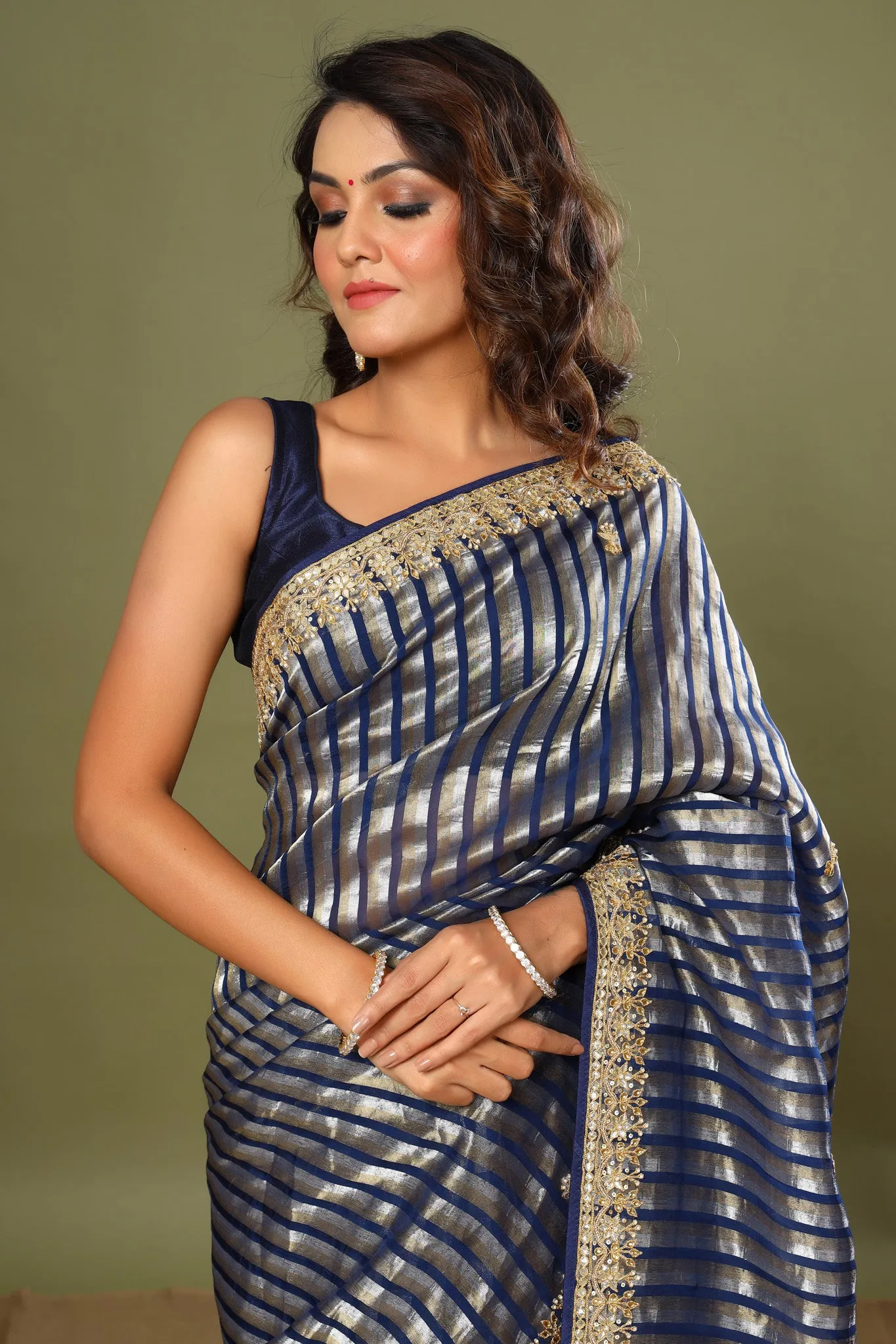 90Z569-RO Blue Striped Kora Banarasi Sari with Embroidered Border