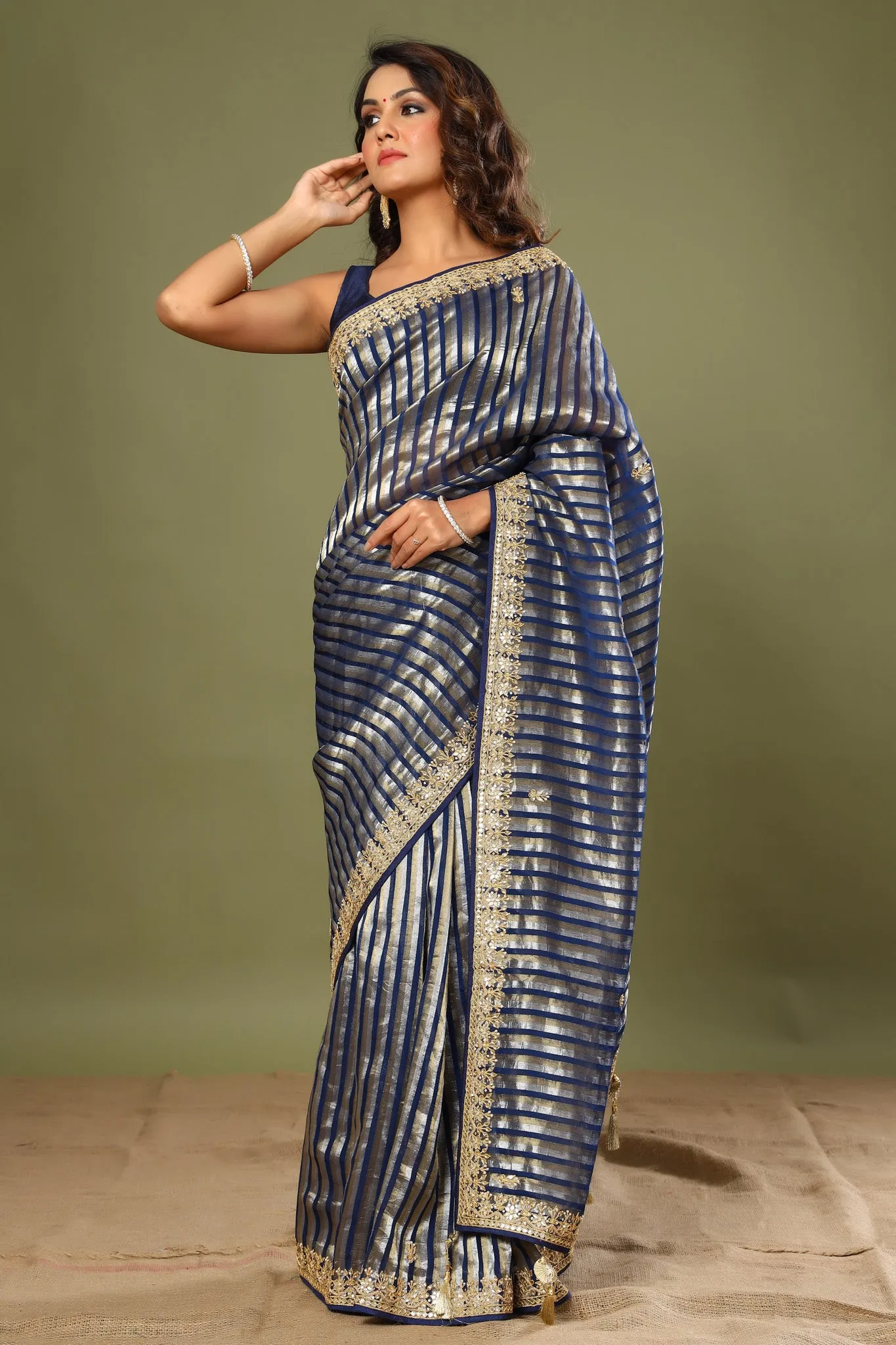 90Z569-RO Blue Striped Kora Banarasi Sari with Embroidered Border