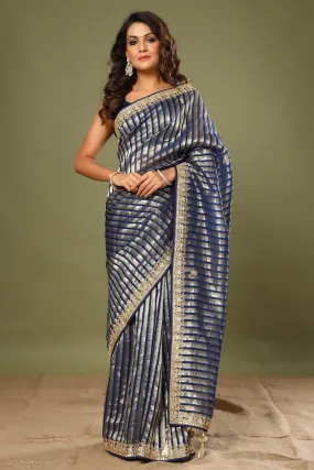 90Z569-RO Blue Striped Kora Banarasi Sari with Embroidered Border