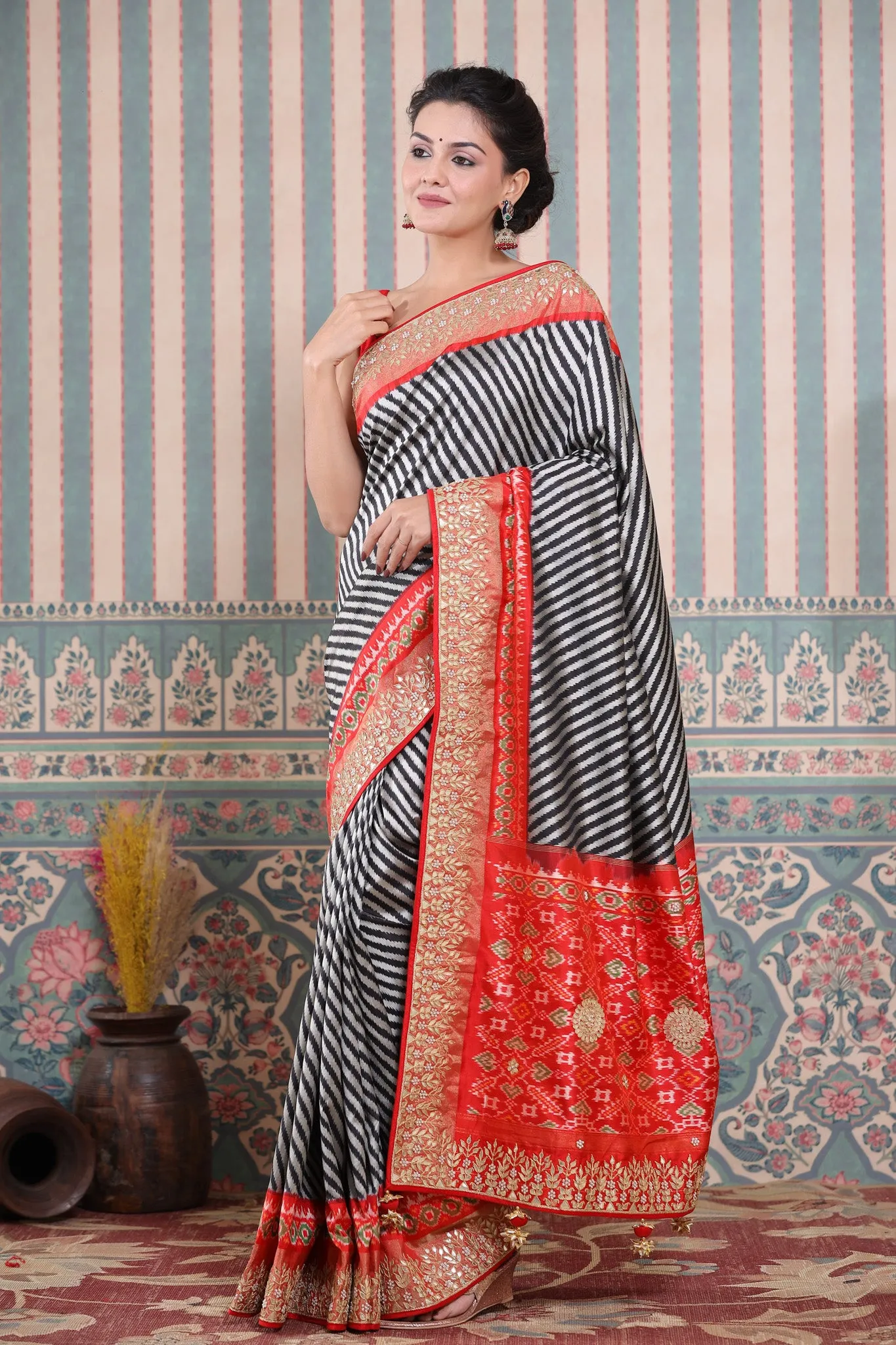 90Z600-RO Black and Grey Patola Silk Sari with Embroidered Border