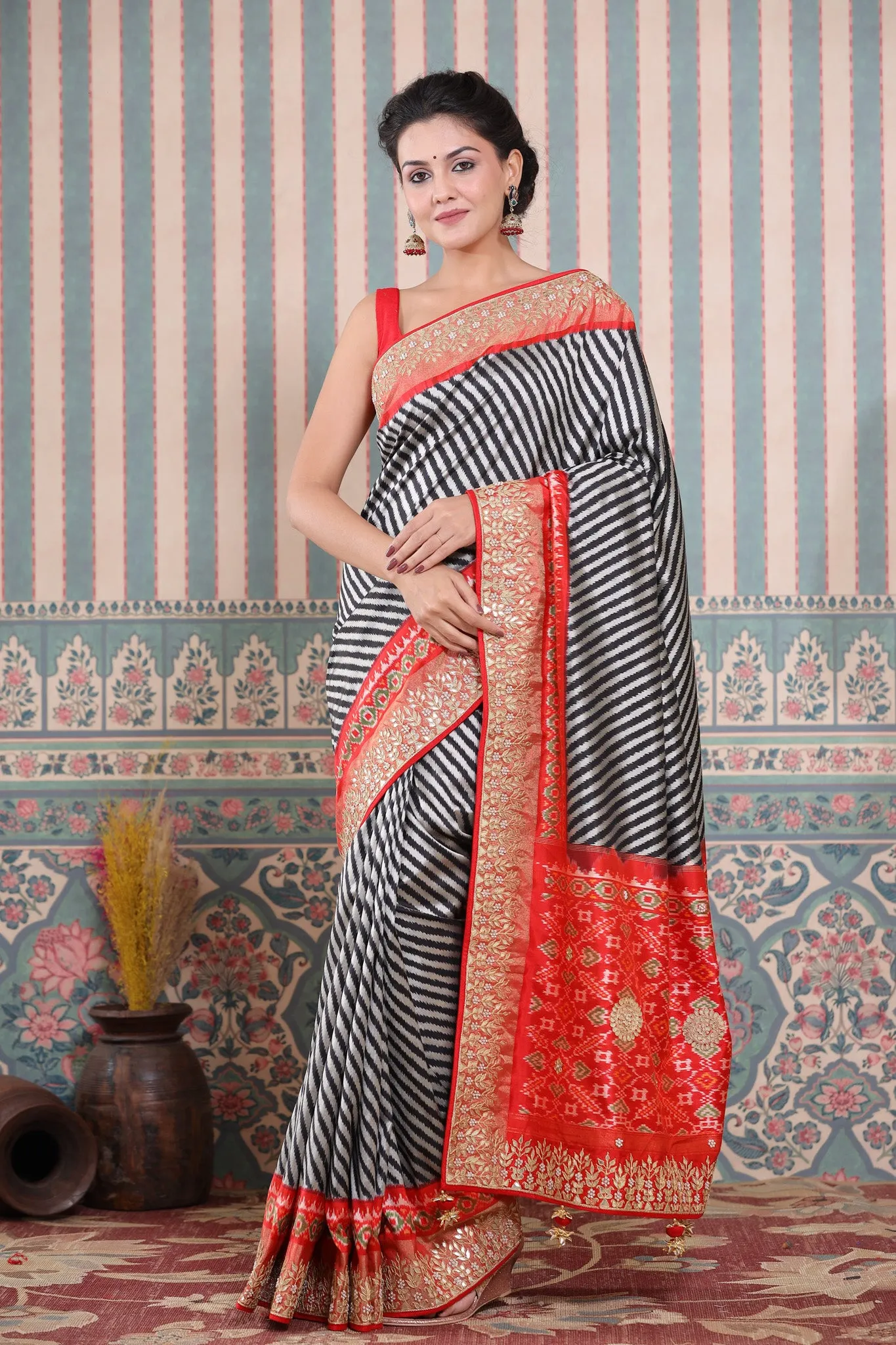 90Z600-RO Black and Grey Patola Silk Sari with Embroidered Border