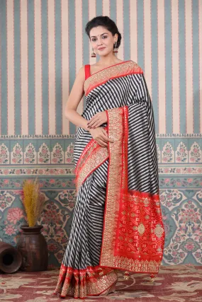 90Z600-RO Black and Grey Patola Silk Sari with Embroidered Border