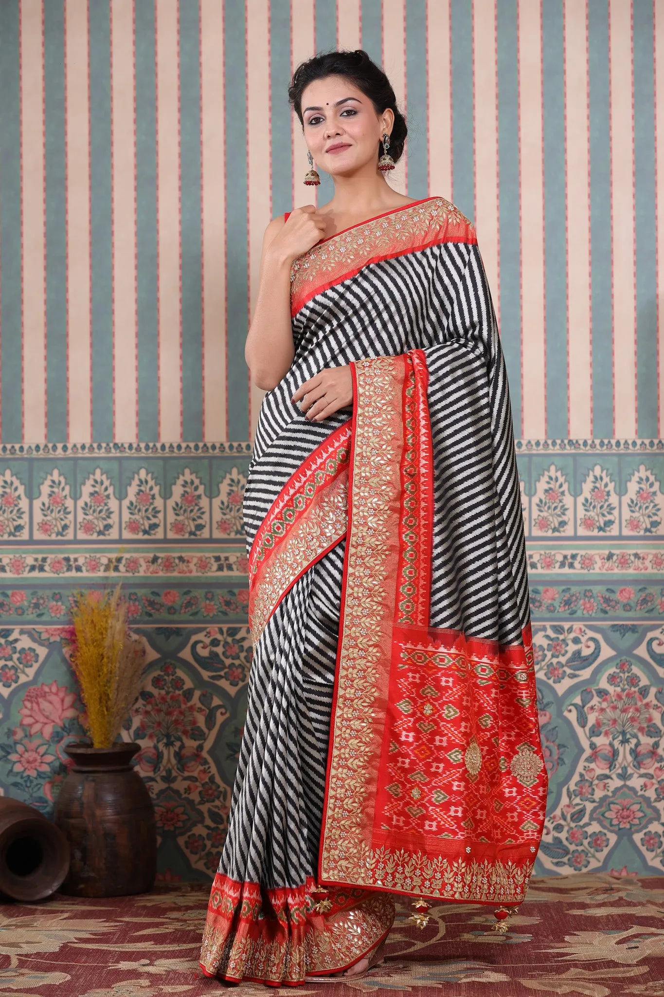 90Z600-RO Black and Grey Patola Silk Sari with Embroidered Border