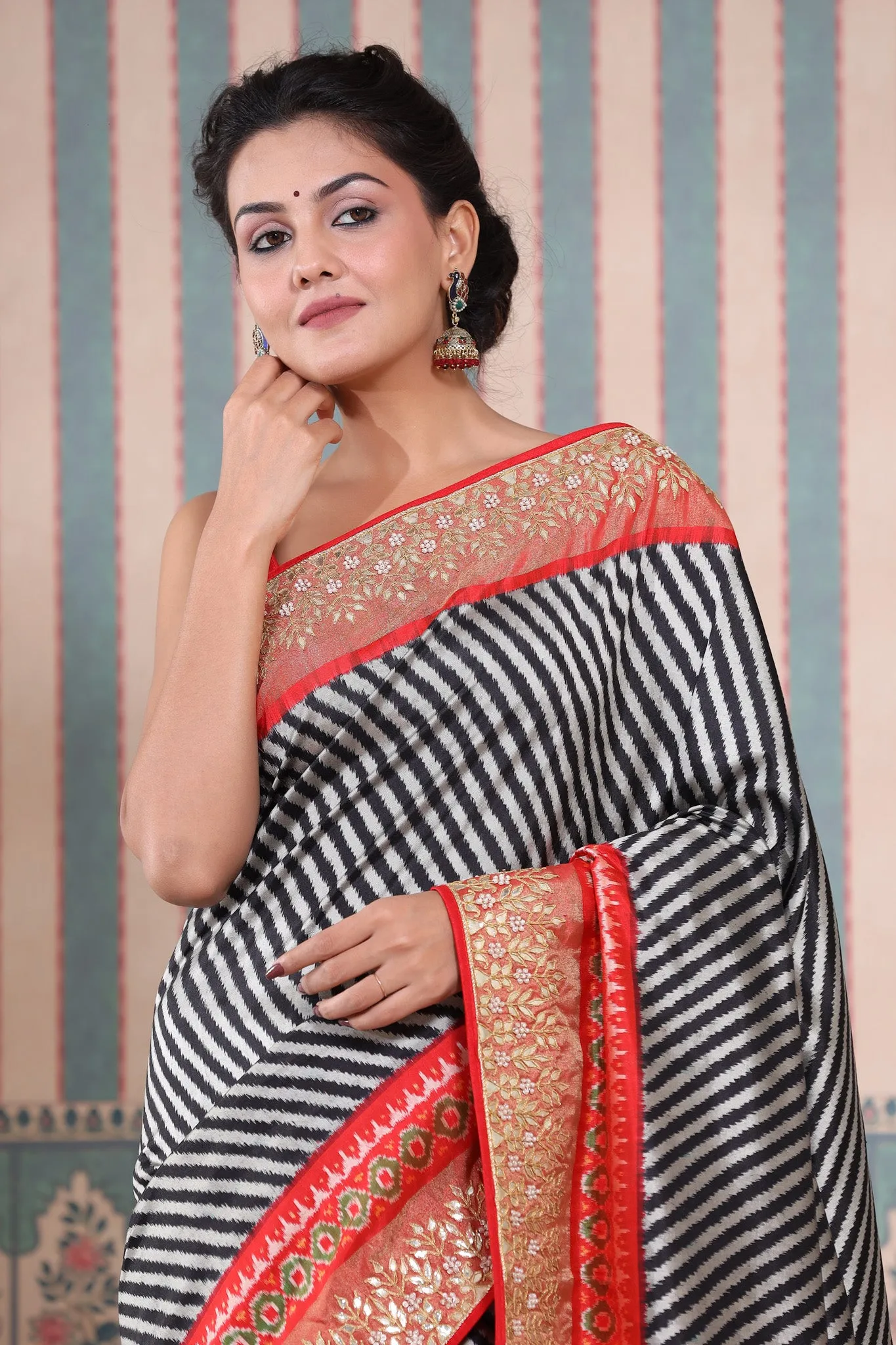 90Z600-RO Black and Grey Patola Silk Sari with Embroidered Border