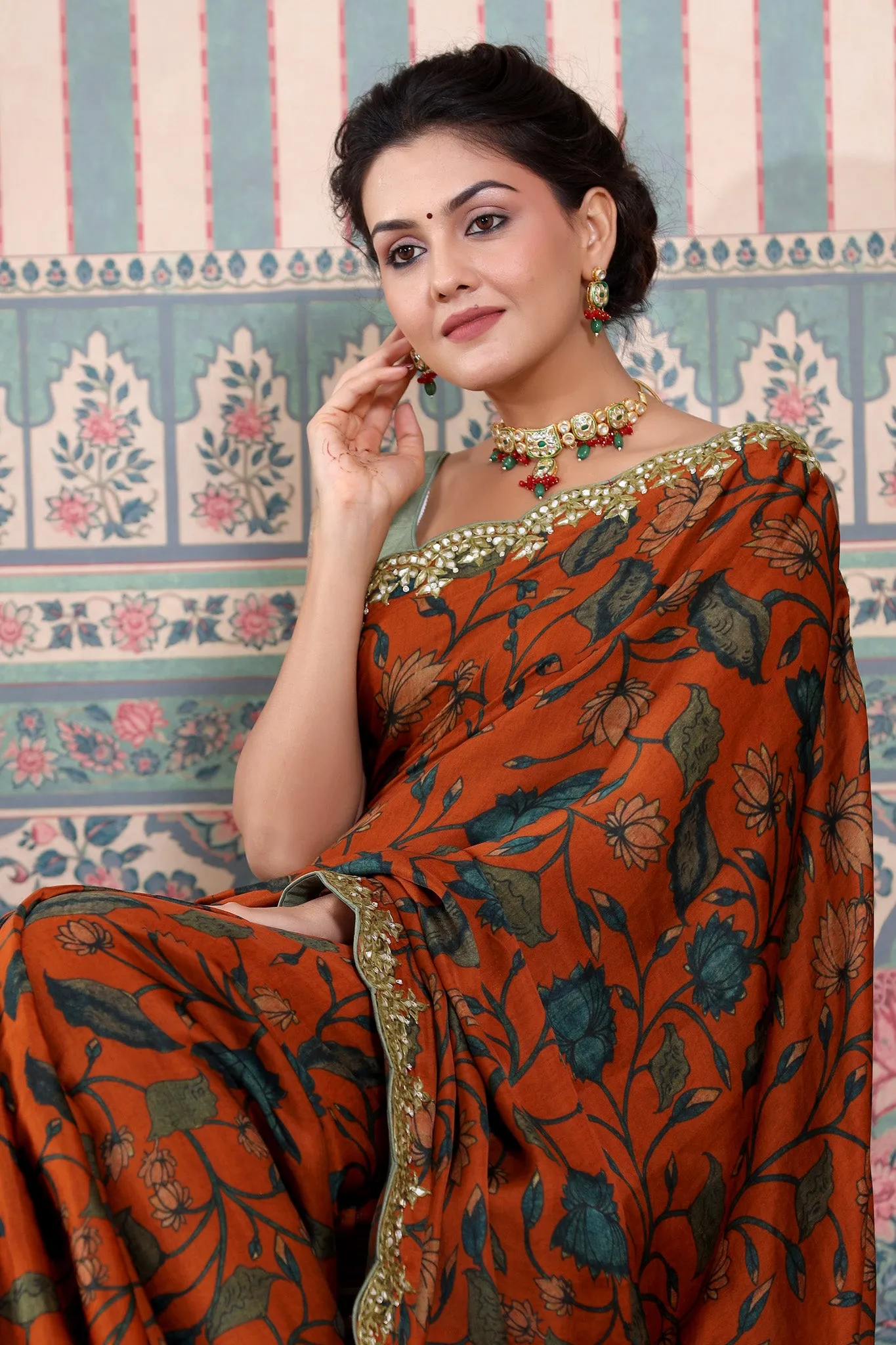 90Z609-RO Brick Red Printed Mulbery Silk Saree with Scalloped Border