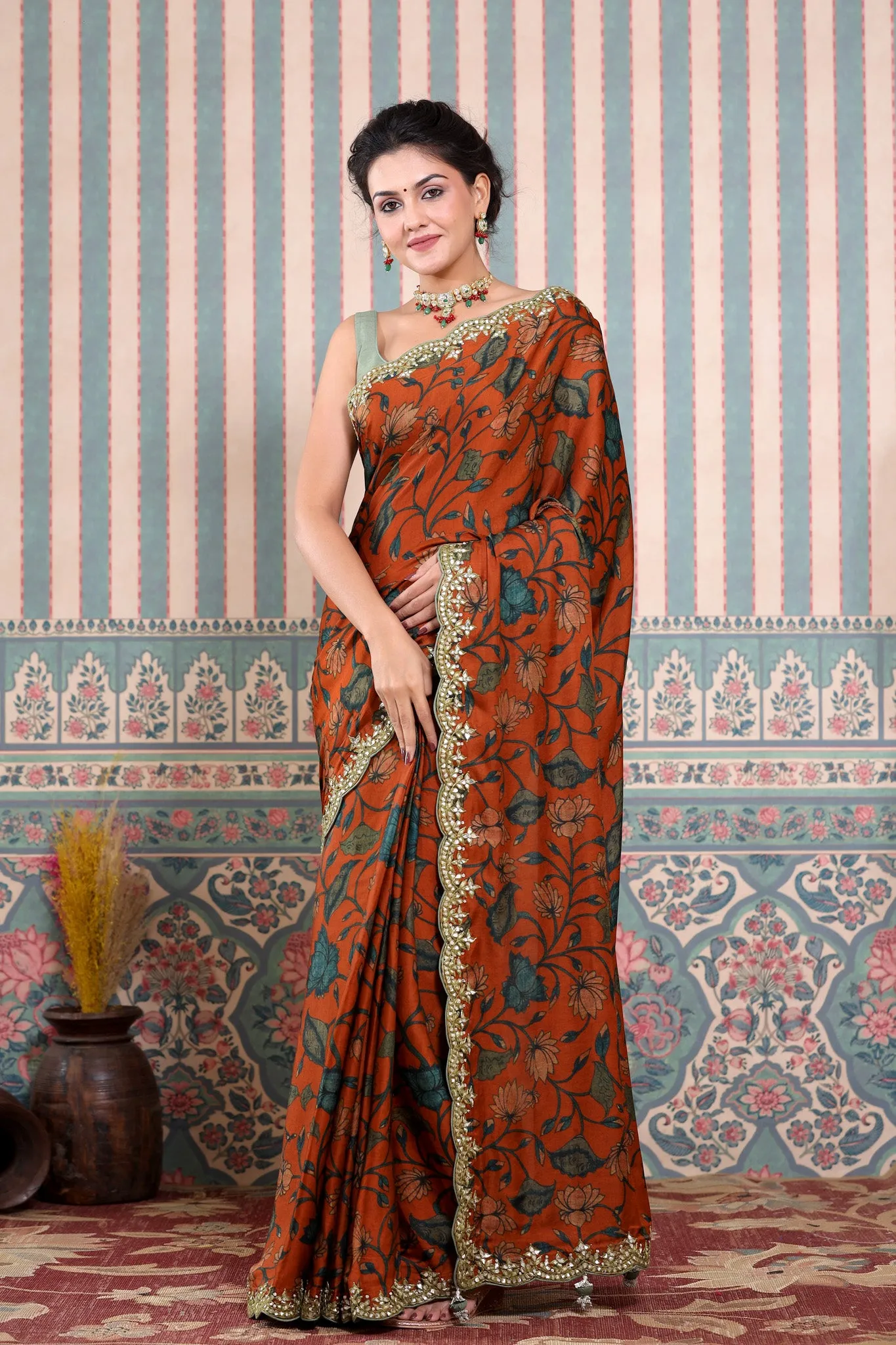 90Z609-RO Brick Red Printed Mulbery Silk Saree with Scalloped Border