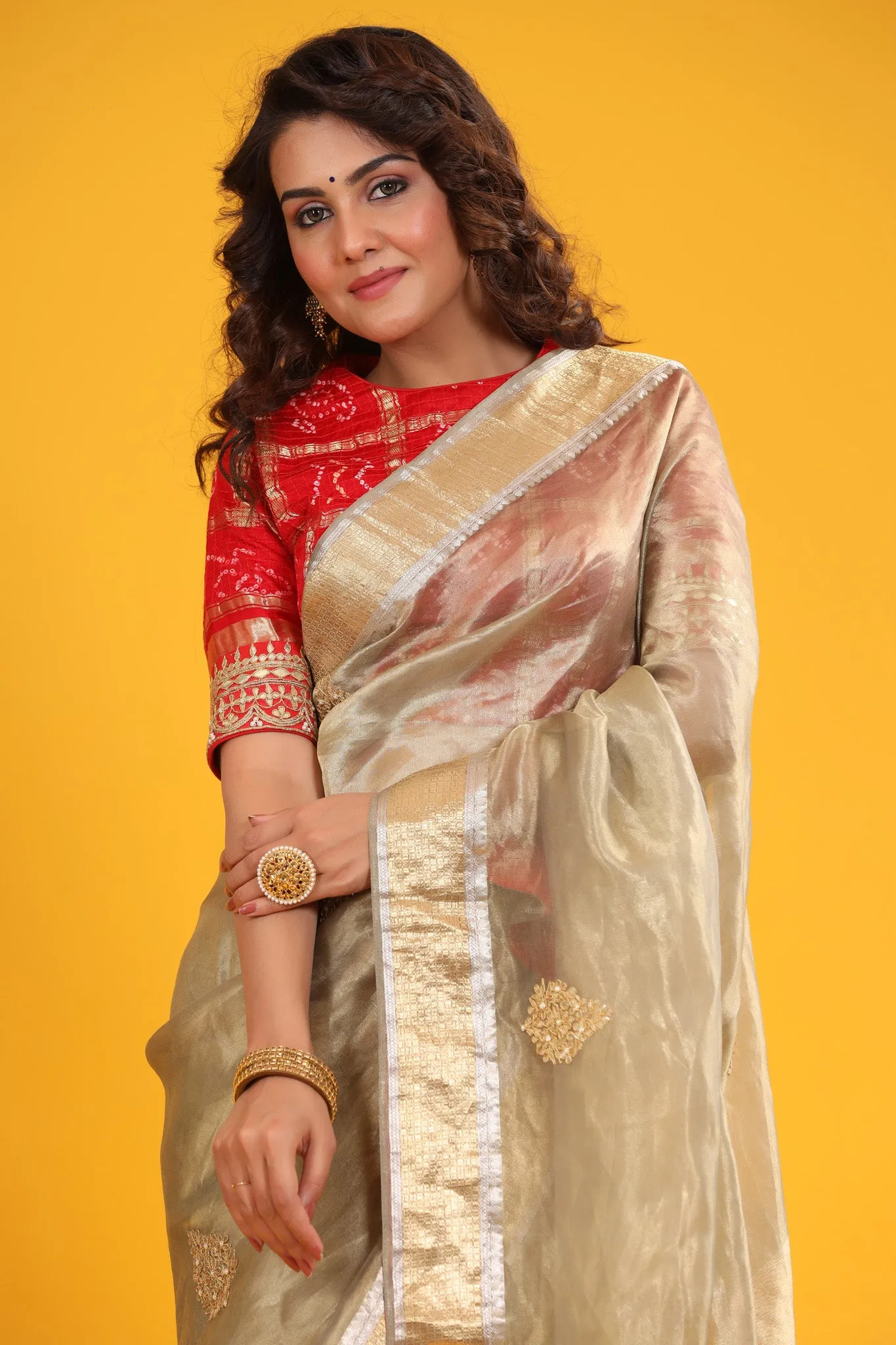 90Z624-RO Beige Golden Organza Banarasi Sari with Zari Border