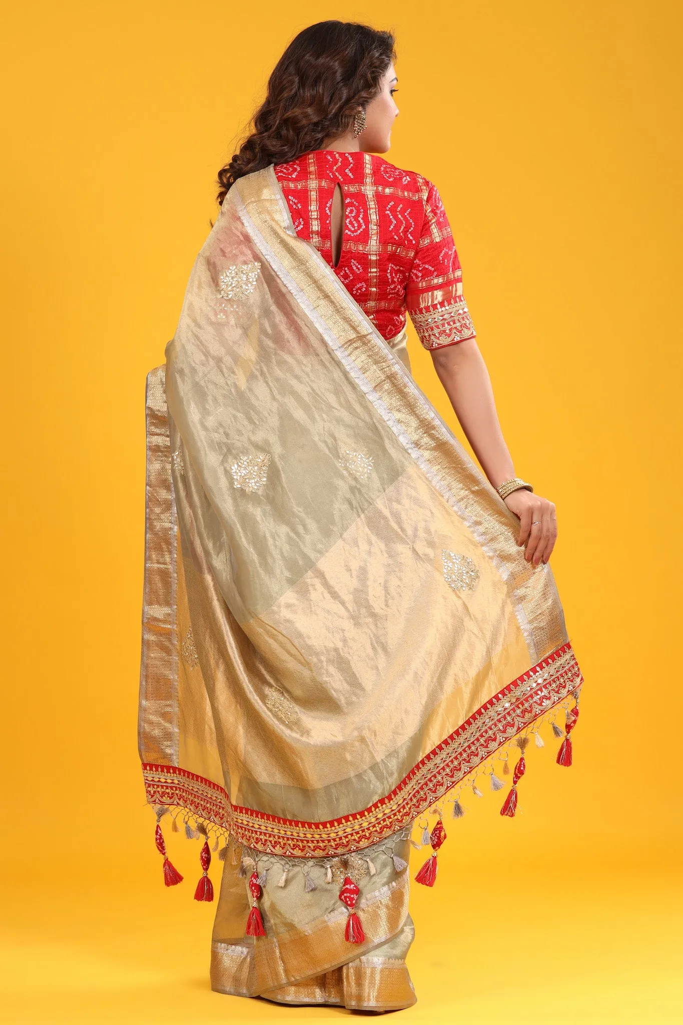 90Z624-RO Beige Golden Organza Banarasi Sari with Zari Border