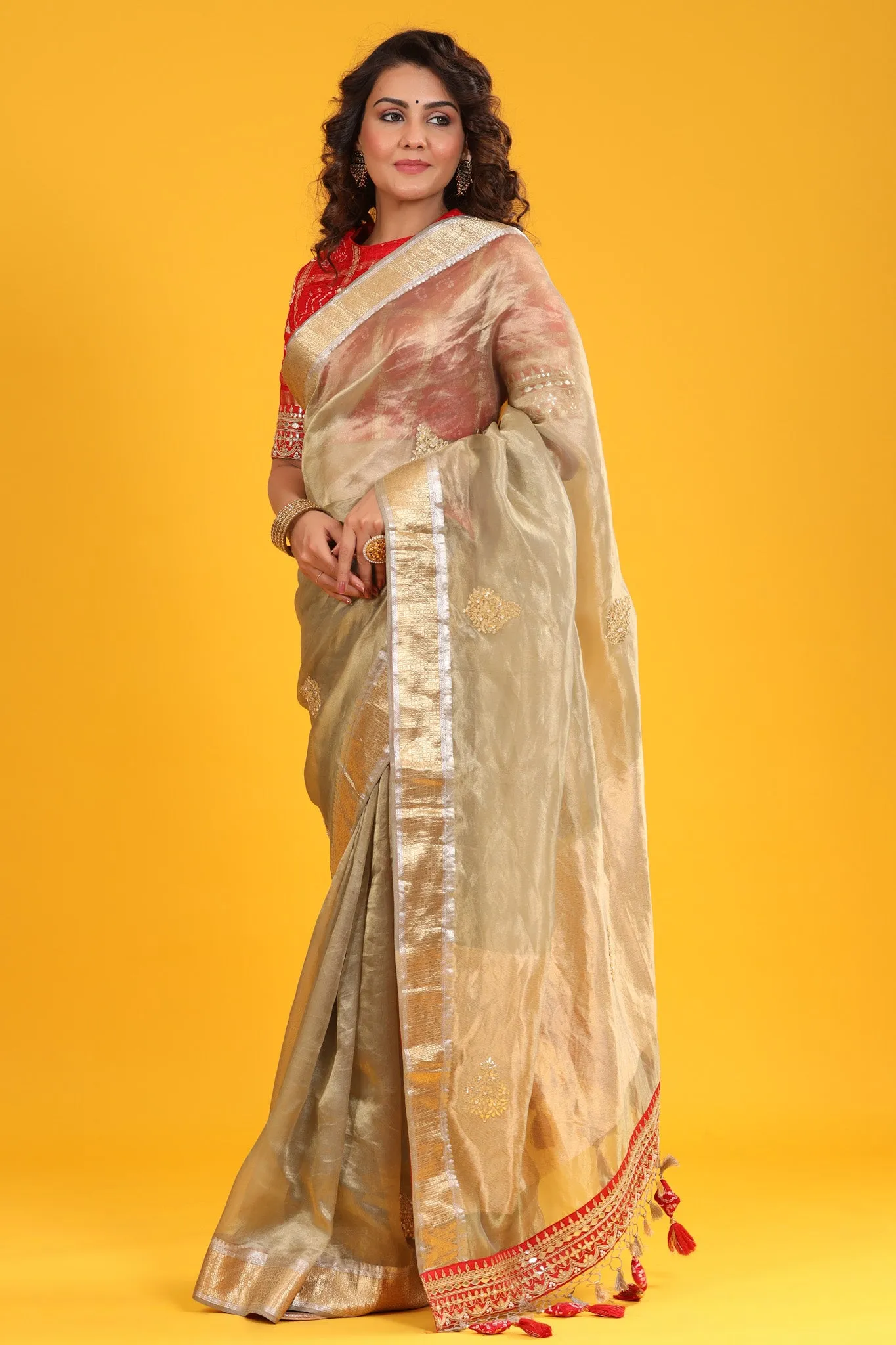 90Z624-RO Beige Golden Organza Banarasi Sari with Zari Border