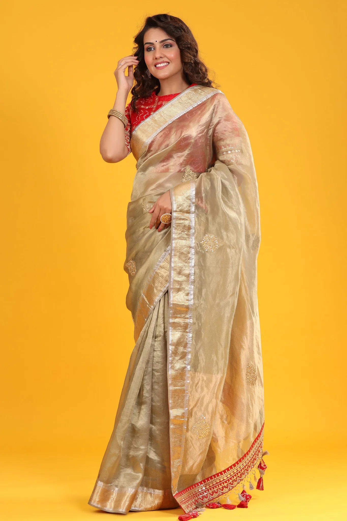 90Z624-RO Beige Golden Organza Banarasi Sari with Zari Border